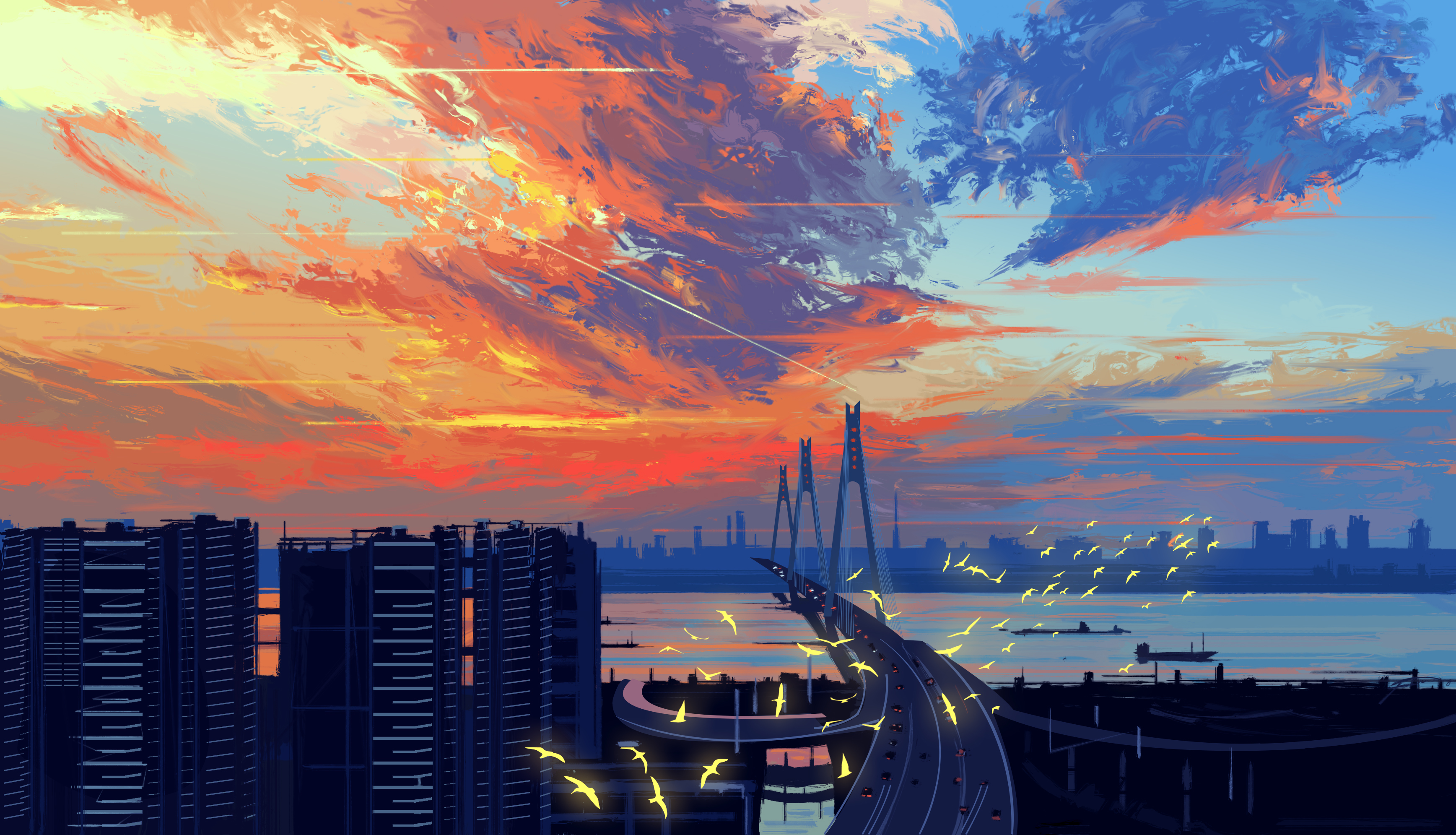 Anime Cityscape with Dramatic Sunset Sky HD Wallpaper