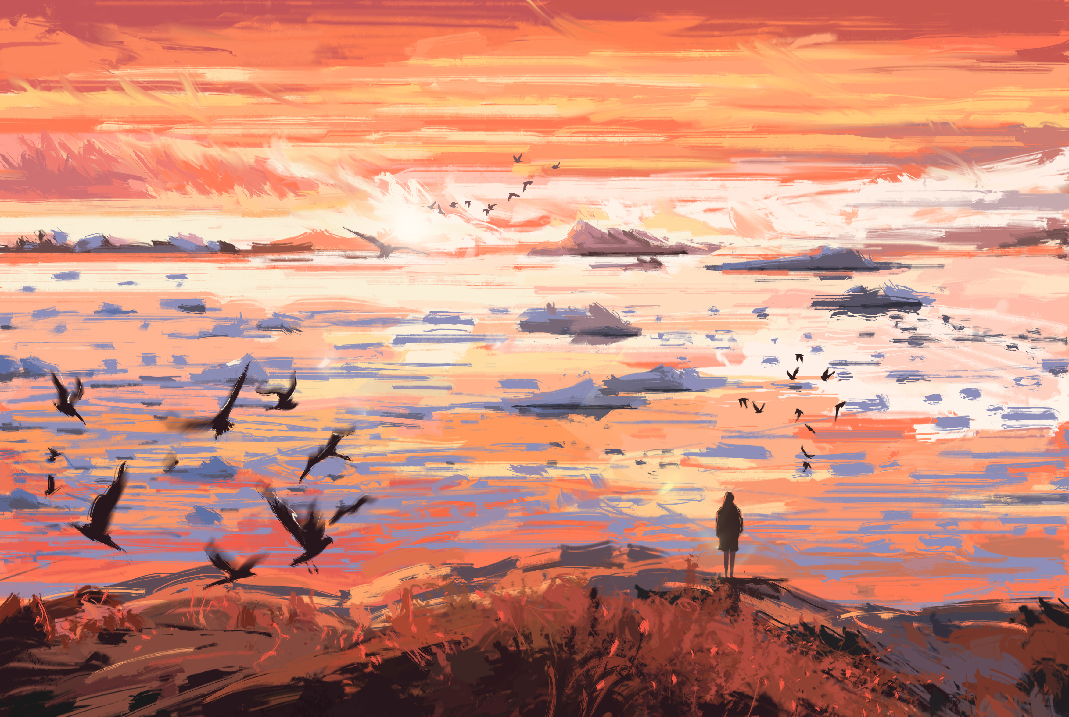 Artistic Landscape with Birds and Icebergs at Sunset HD Wallpaper