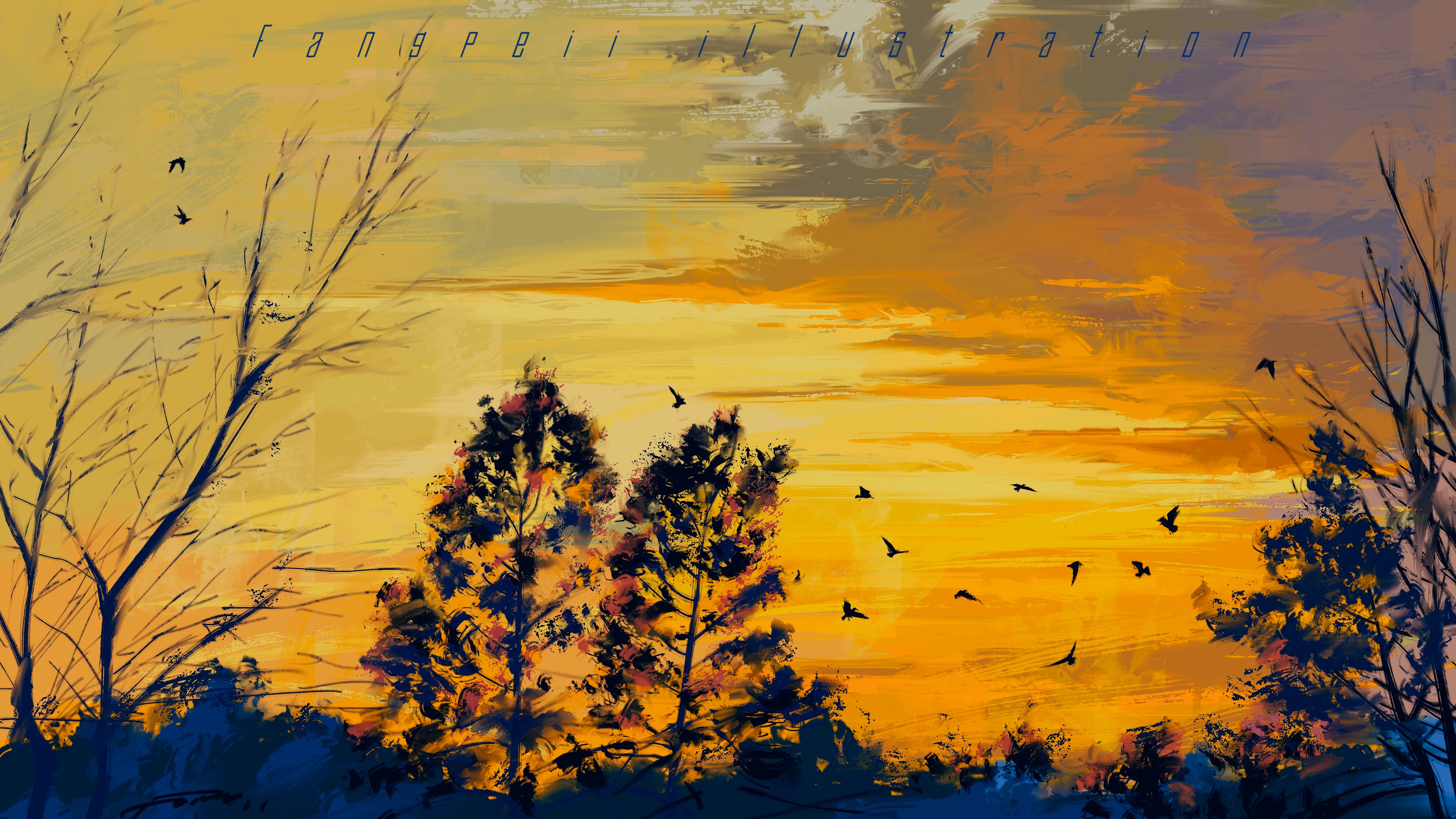 Birds flying at sunset with trees HD Wallpaper
