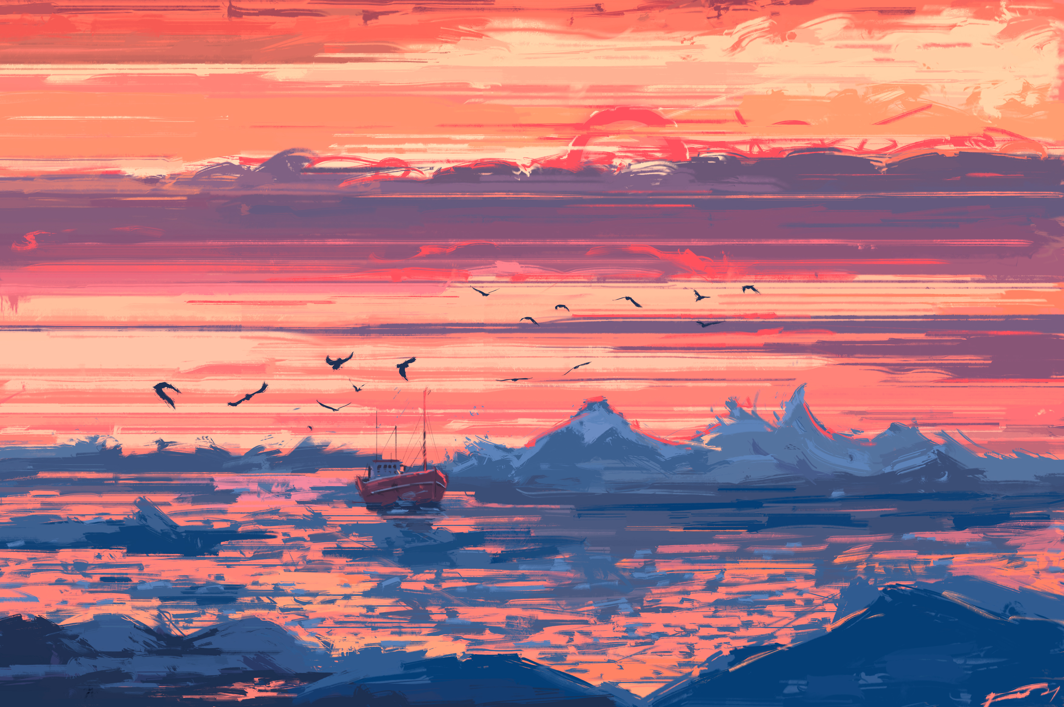 Artistic boat sailing at sunset with birds HD Wallpaper