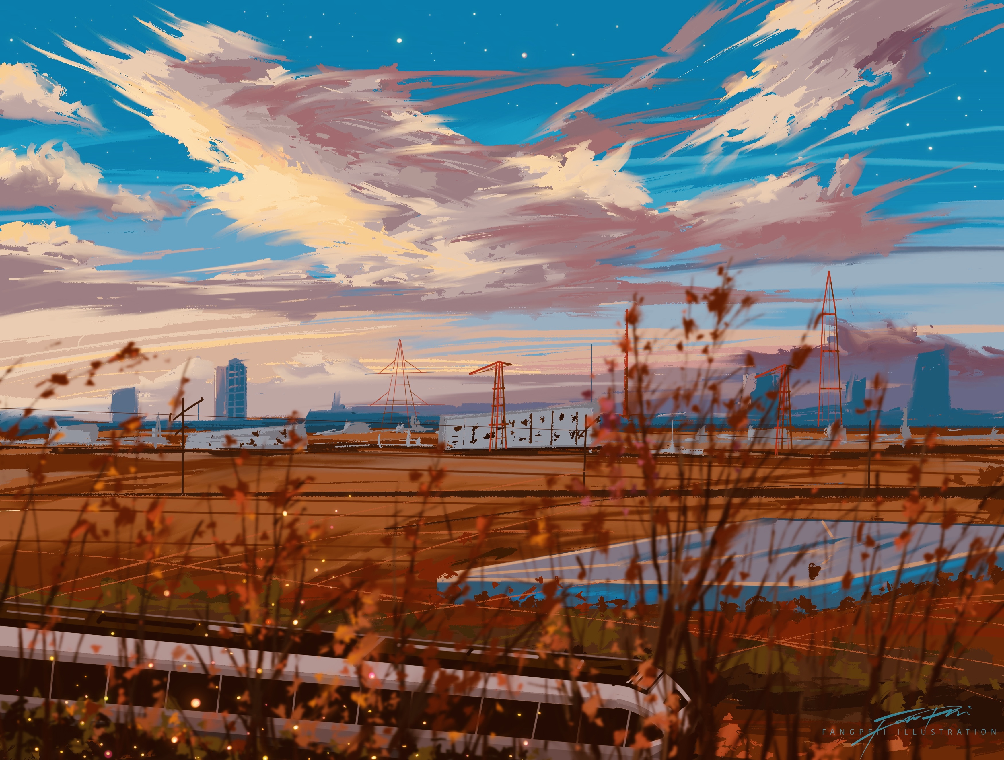 Anime landscape with train and industrial structures HD Wallpaper
