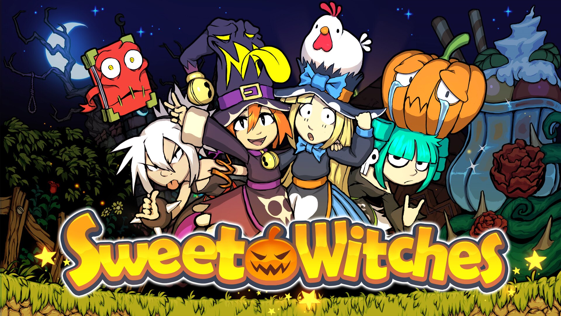 Sweet Witches characters with pumpkins and a chicken HD Wallpaper