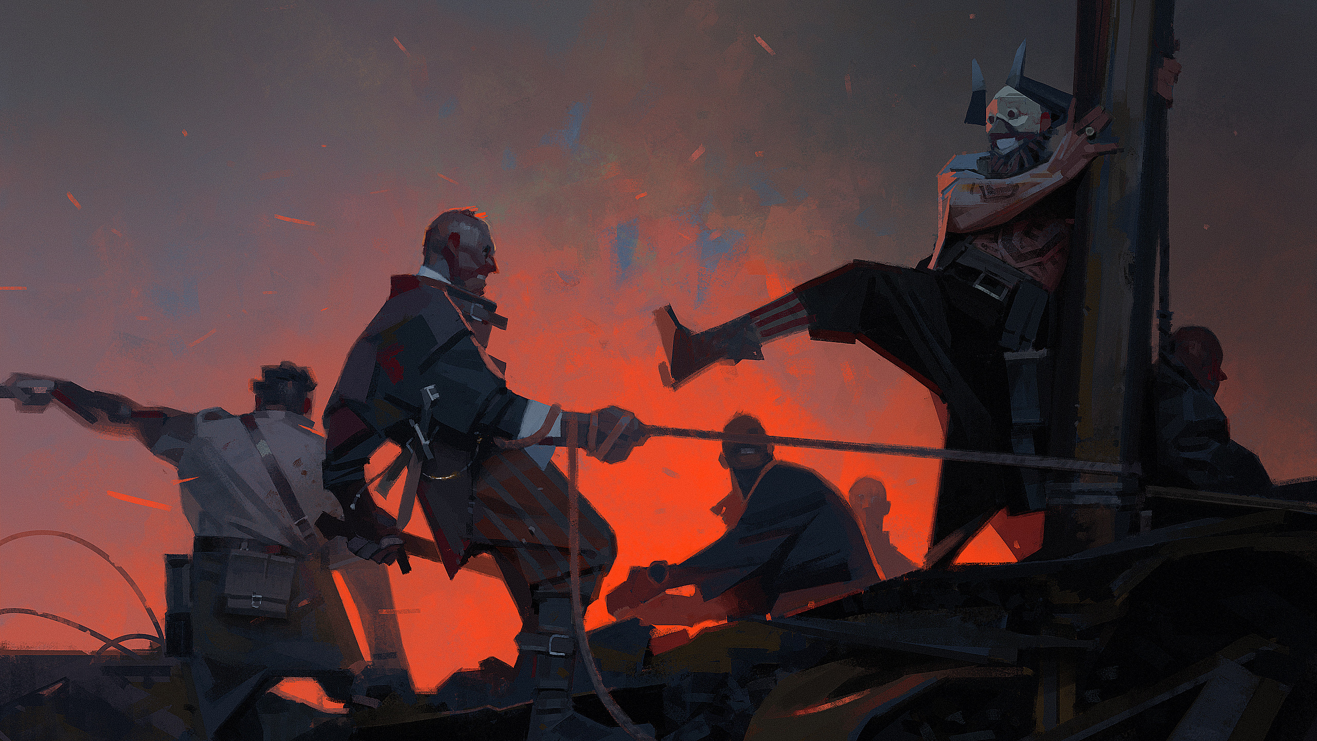 Characters in a chaotic scene with a red sky HD Wallpaper