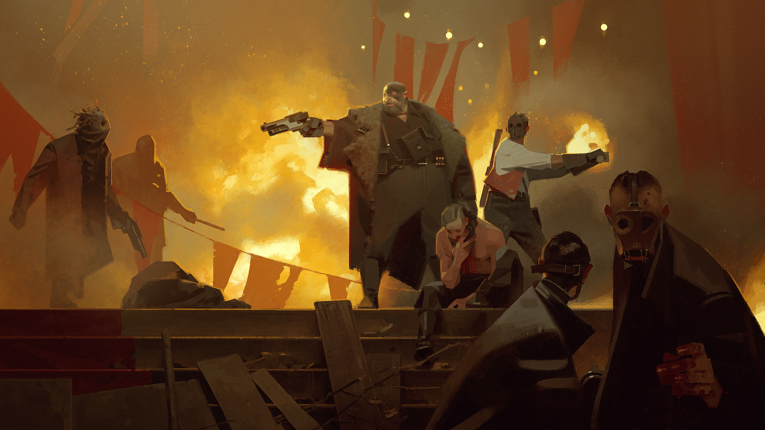 Group of people in a chaotic scene with explosions HD Wallpaper