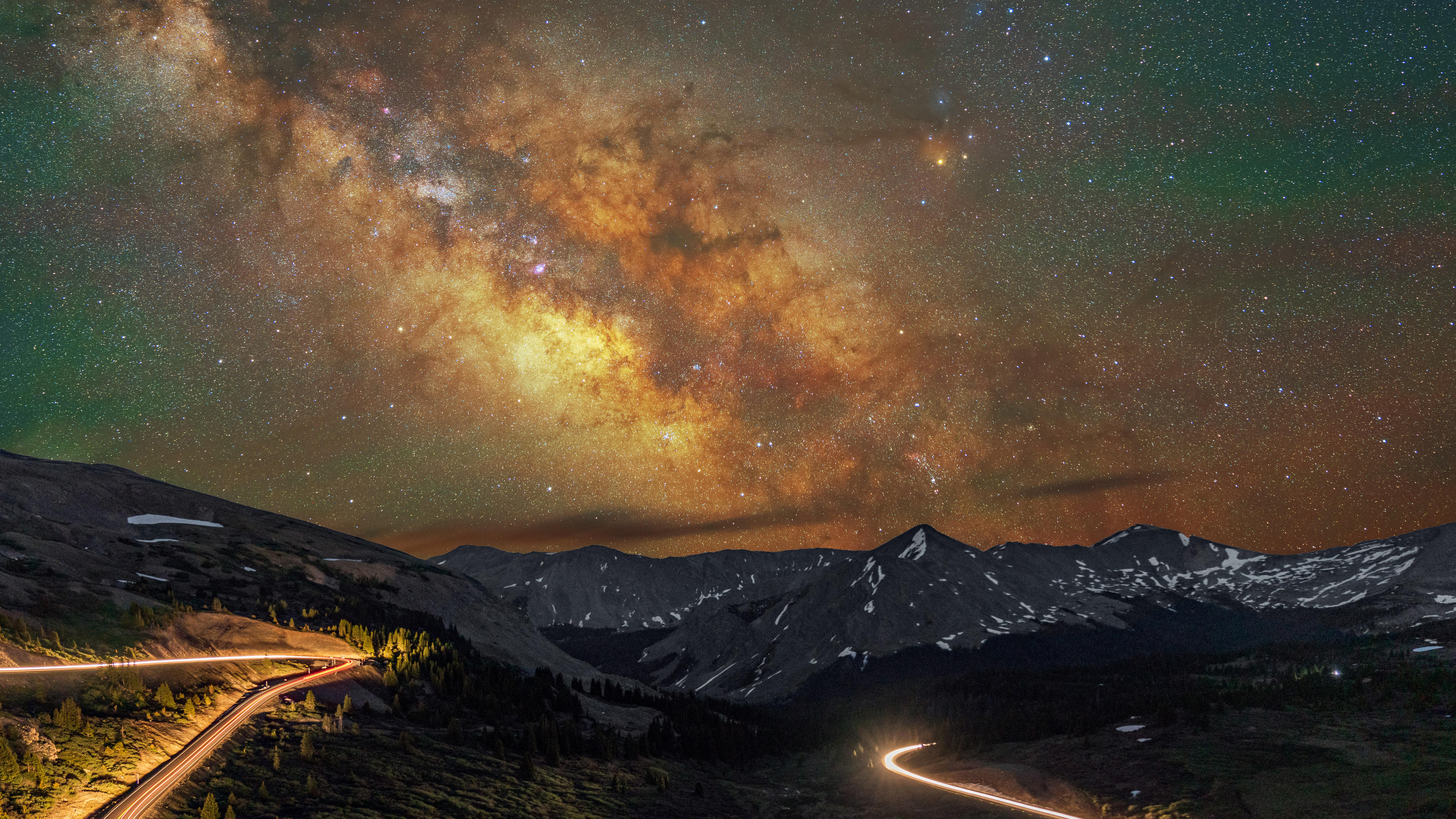 Milky Way over Mountains and Road HD Wallpaper
