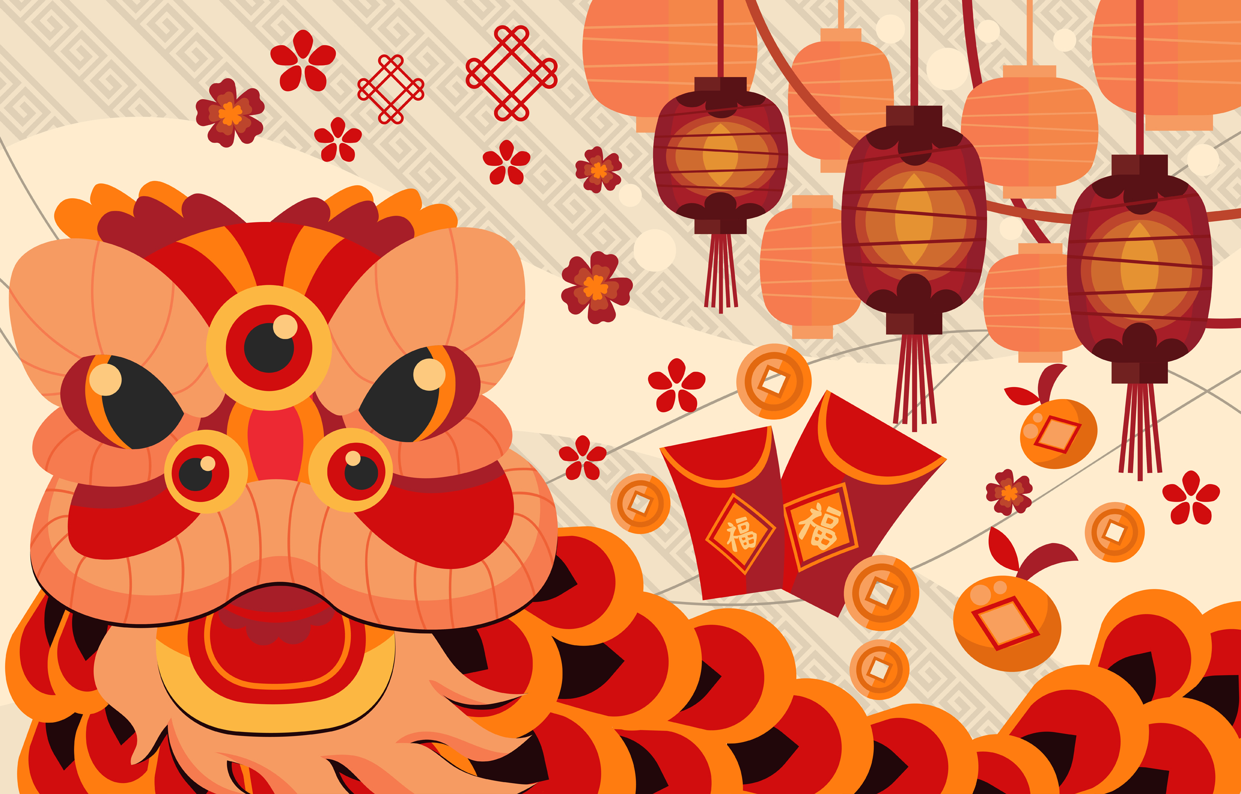 Chinese New Year Lion Dance with Lanterns and Red Envelopes HD Wallpaper