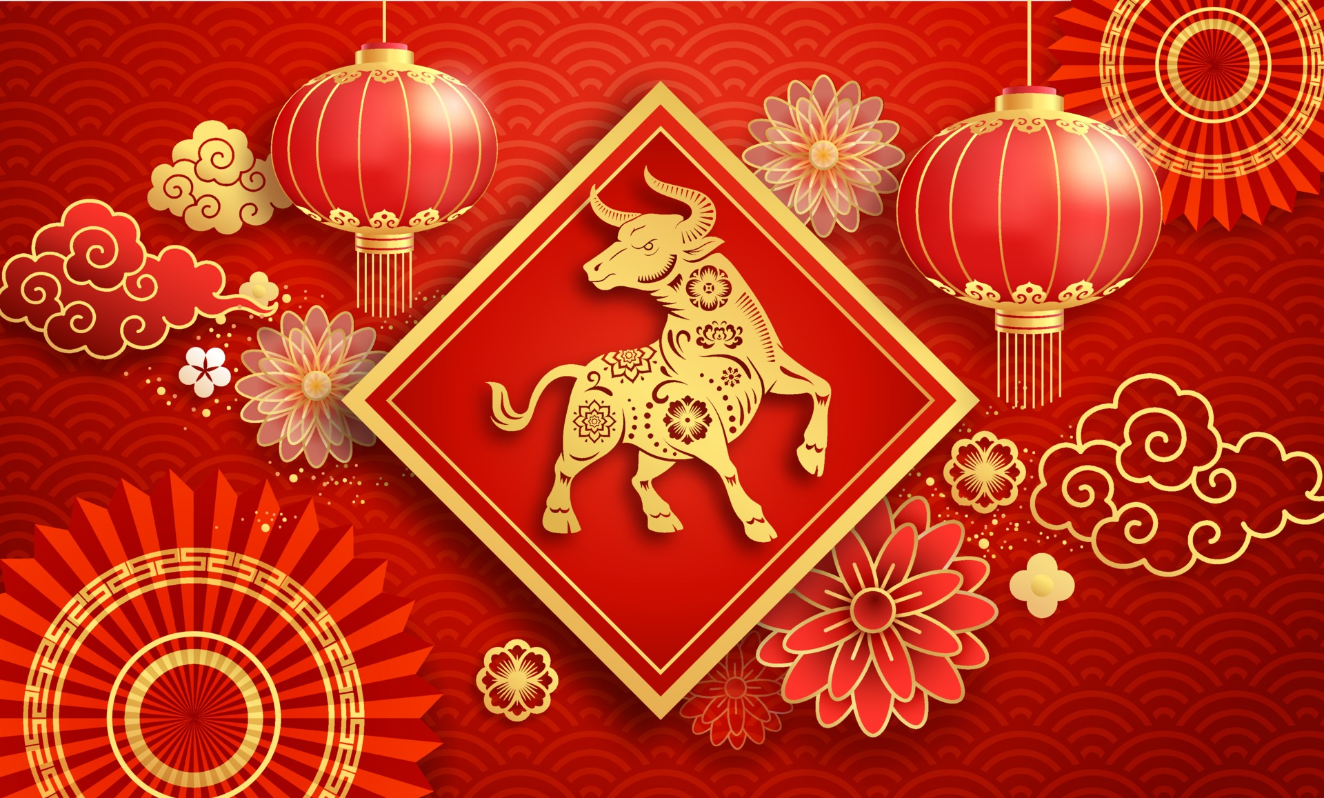 Chinese New Year Ox Lanterns and Flowers HD Wallpaper