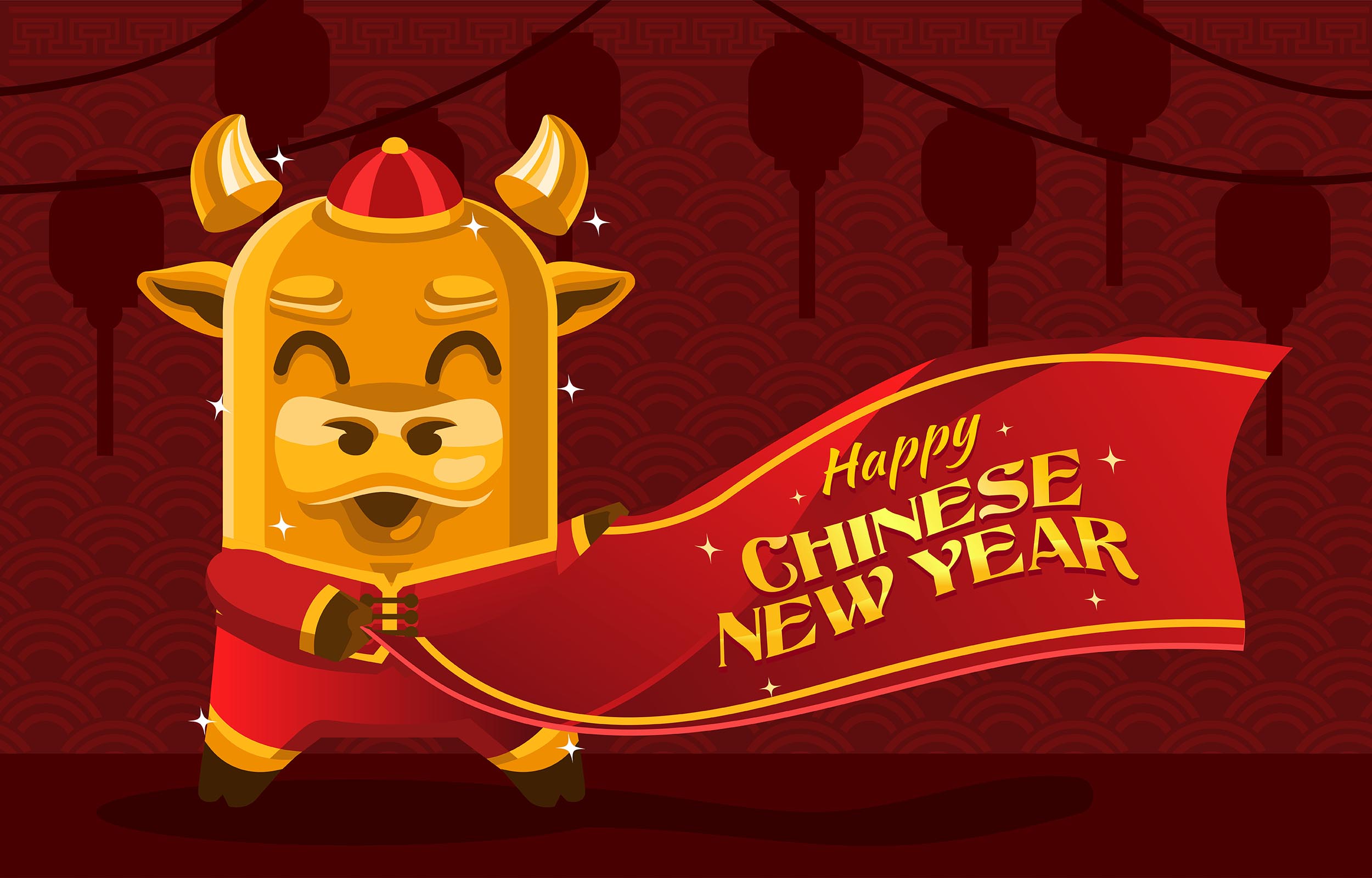 Golden Ox holding Happy Chinese New Year banner HD Wallpaper
