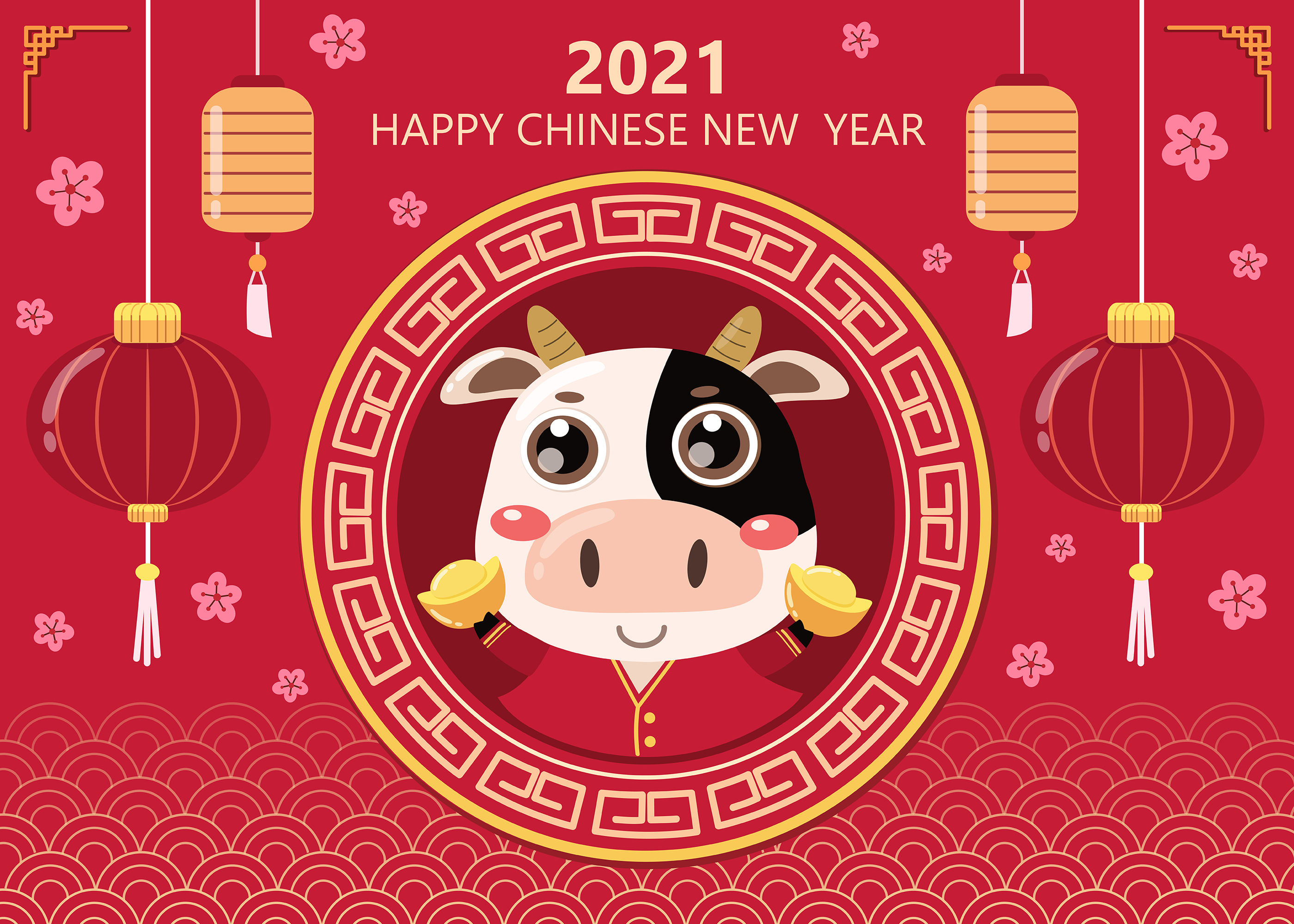 Happy Chinese New Year 2021 Ox Lanterns HD Wallpaper