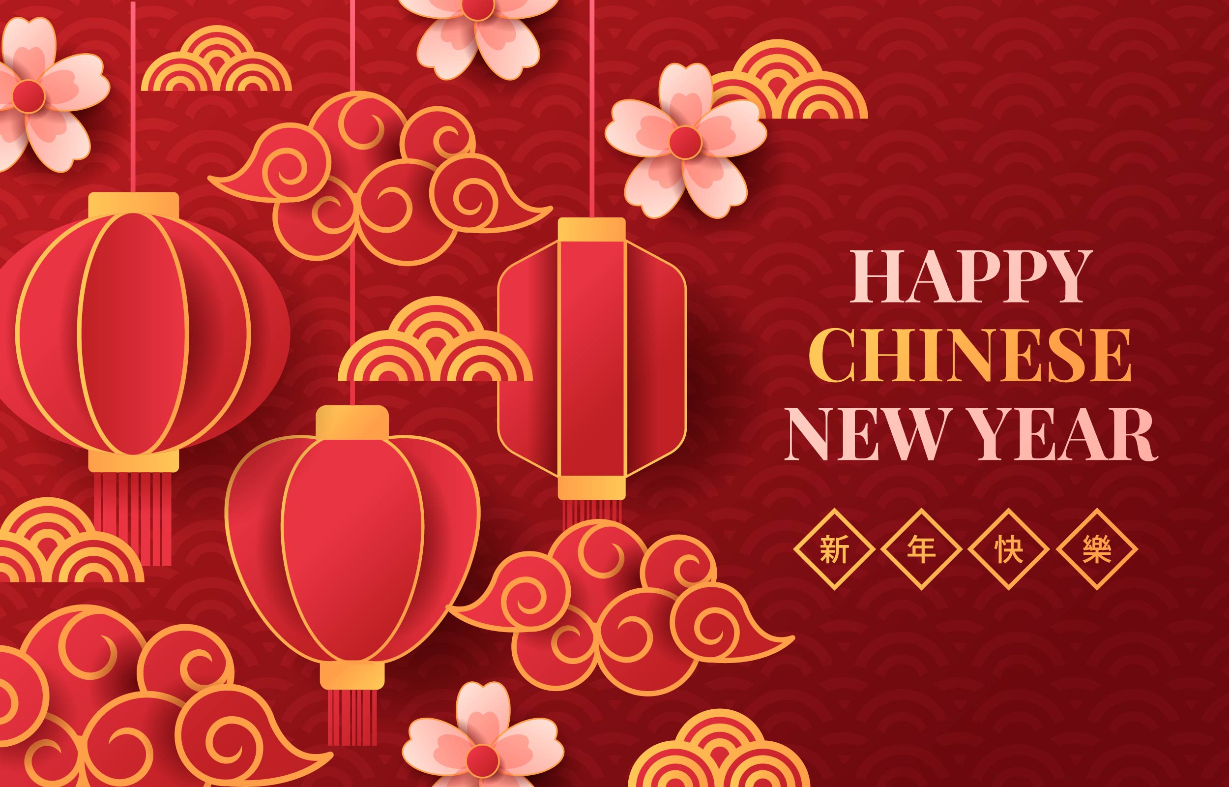 Happy Chinese New Year lanterns and flowers HD Wallpaper