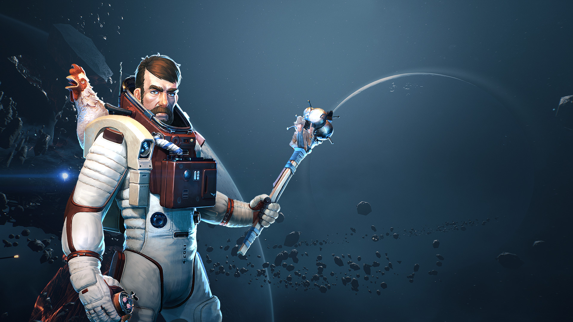 Astronaut with a chicken and a mace in space HD Wallpaper
