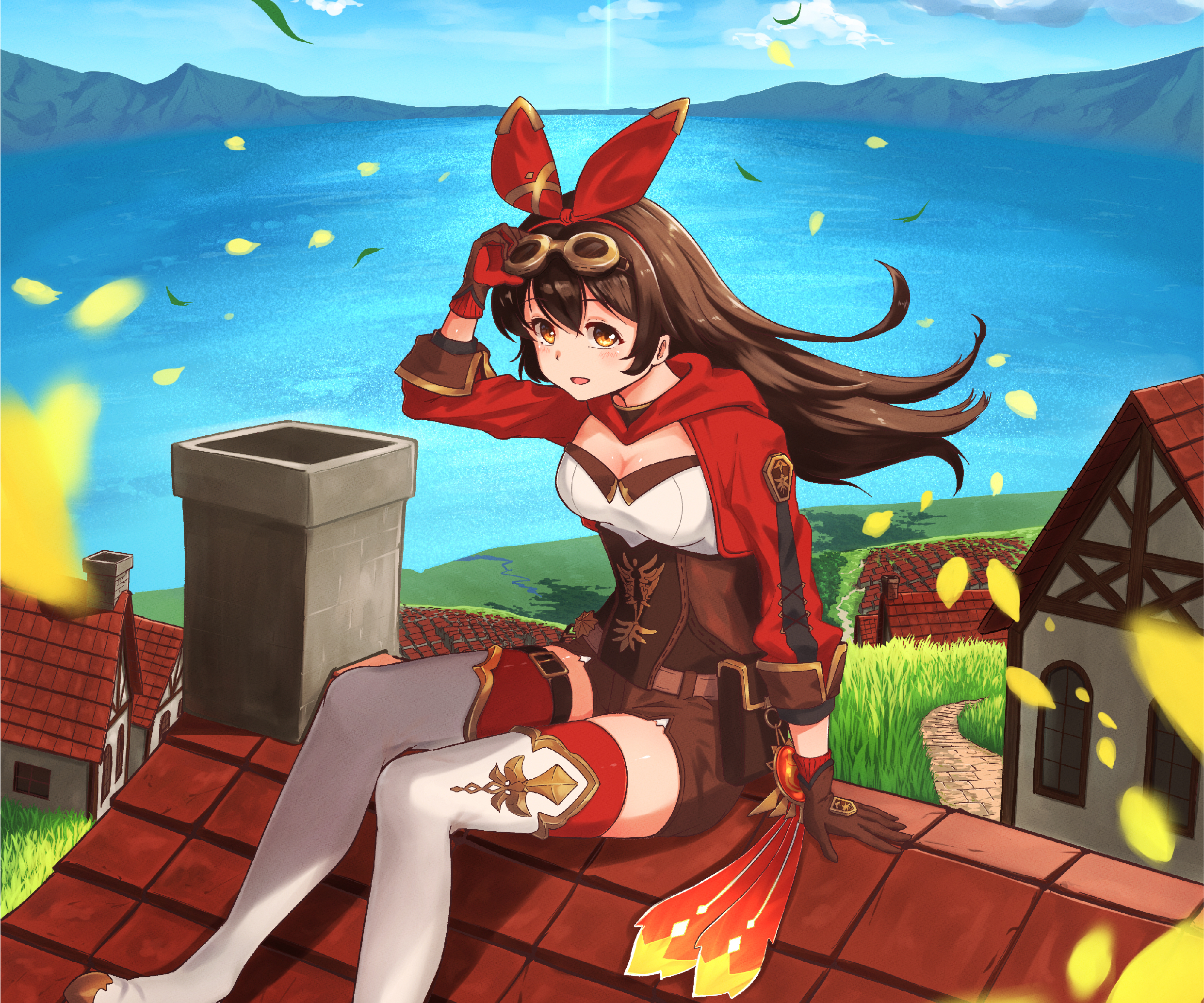 Amber from Genshin Impact sitting on a rooftop HD Wallpaper