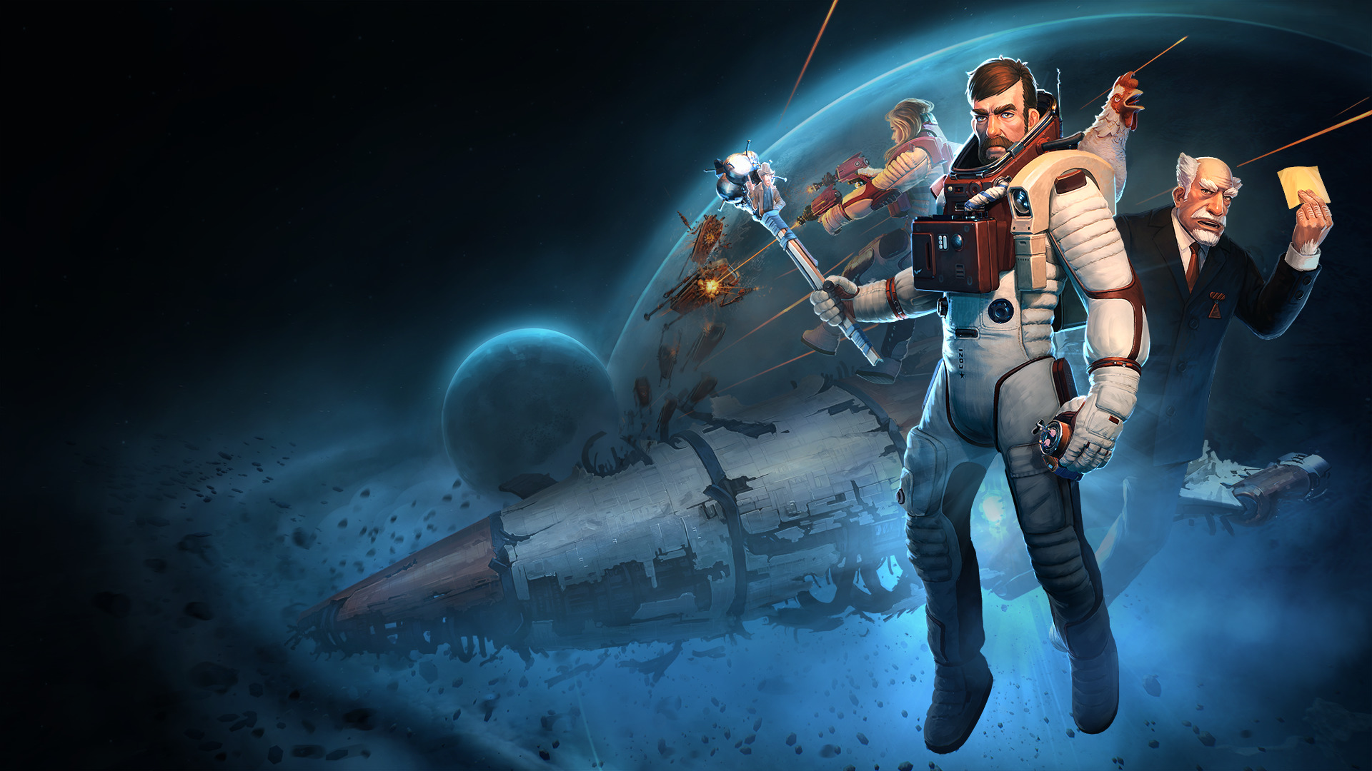 Breathedge characters in space with damaged spaceship HD Wallpaper