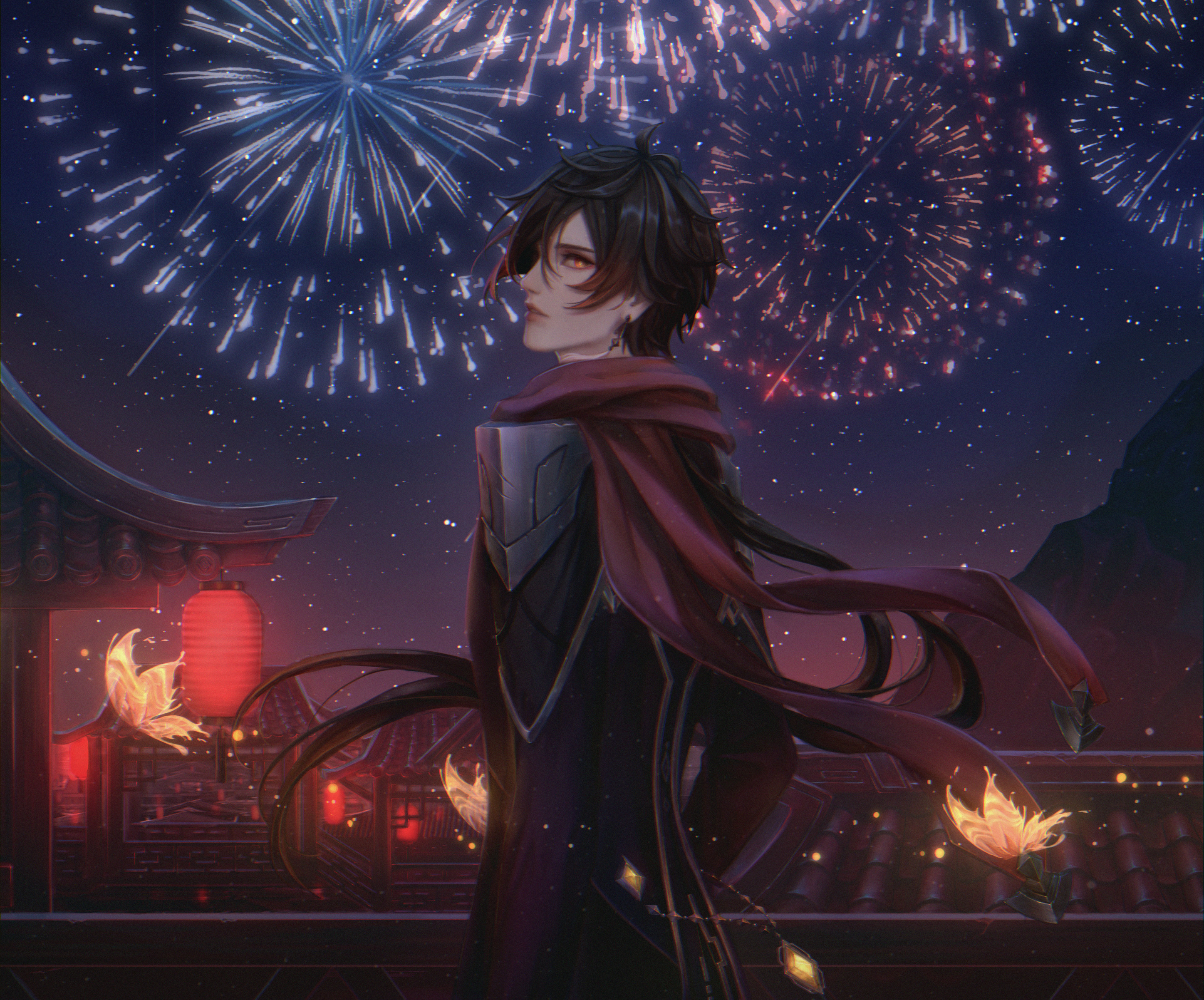 Zhongli from Genshin Impact watching fireworks HD Wallpaper