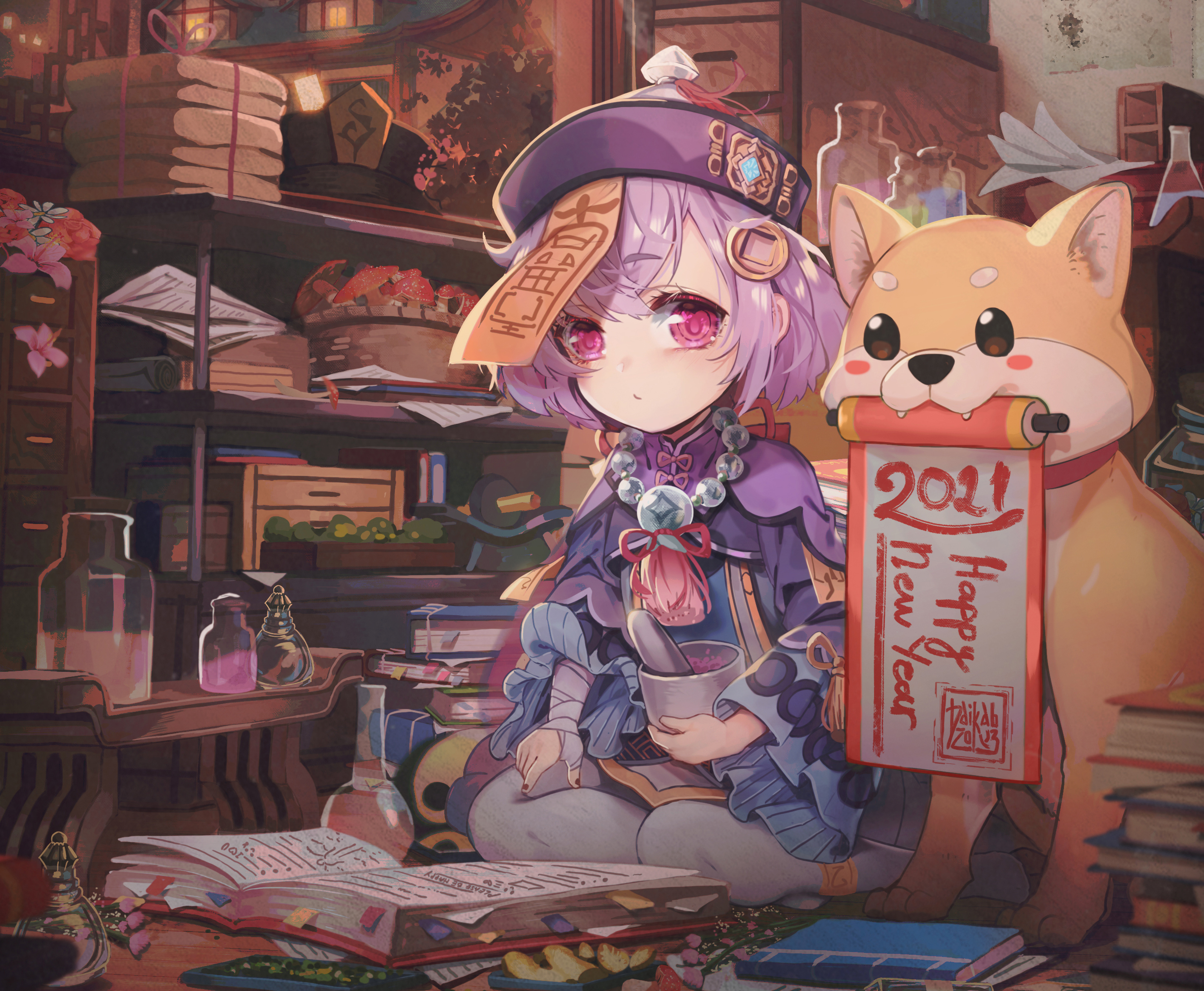 Qiqi from Genshin Impact with a dog holding a scroll HD Wallpaper