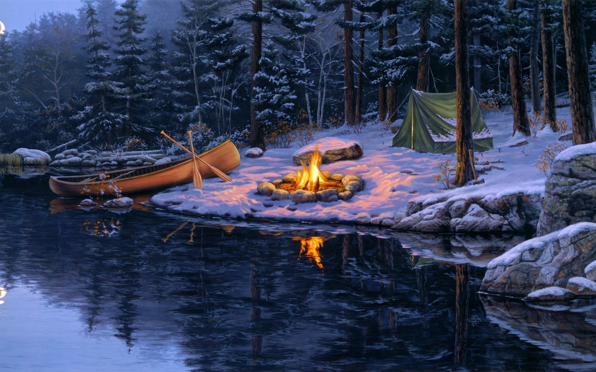 Winter camping scene with canoe and campfire HD Wallpaper