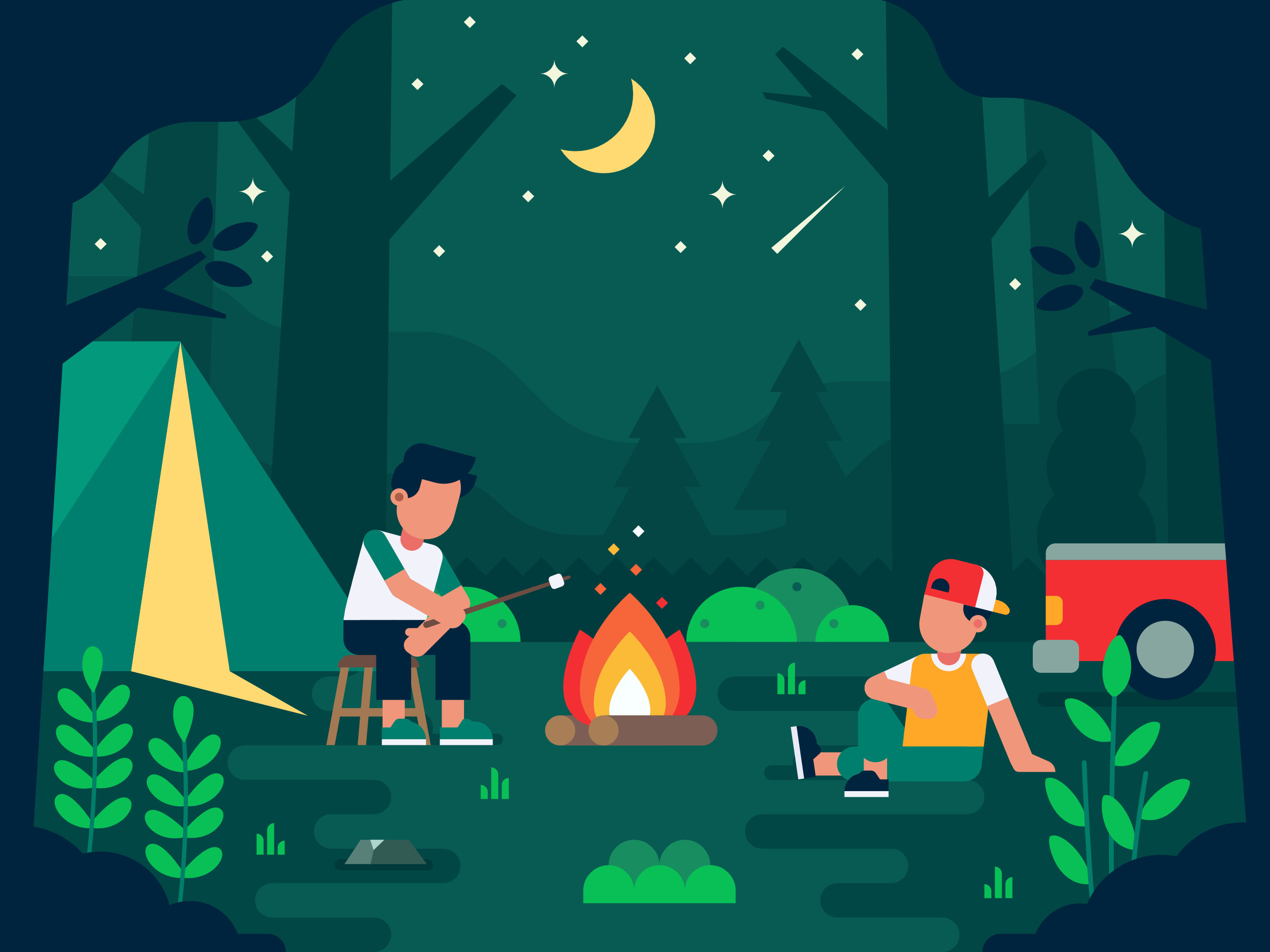 Two boys camping and roasting marshmallows by a campfire at night HD Wallpaper