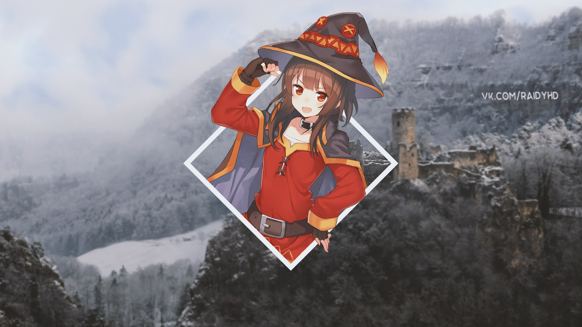 Megumin from KonoSuba in a snowy landscape HD Wallpaper