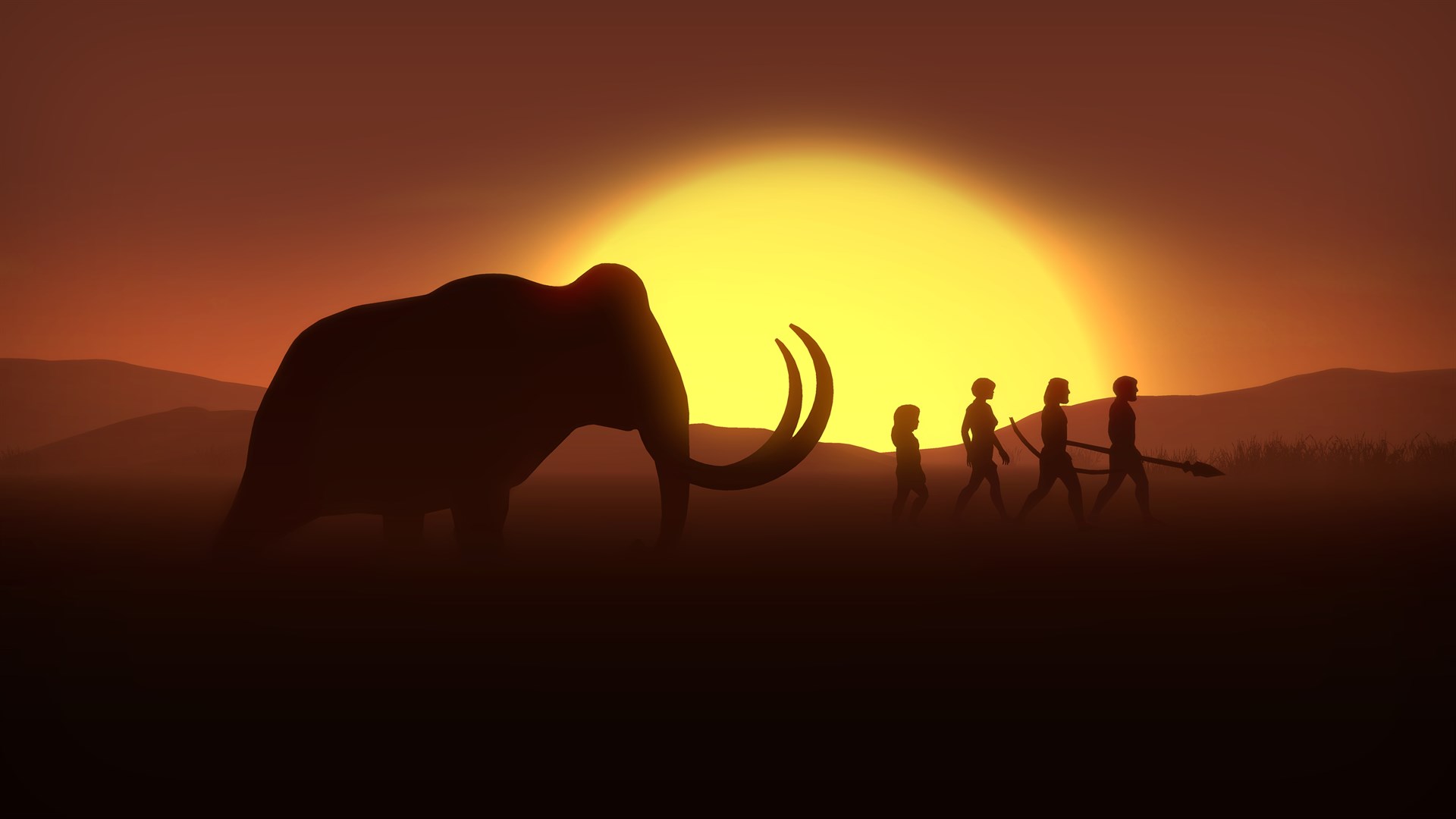 Dawn of Man with Mammoth and Early Humans HD Wallpaper