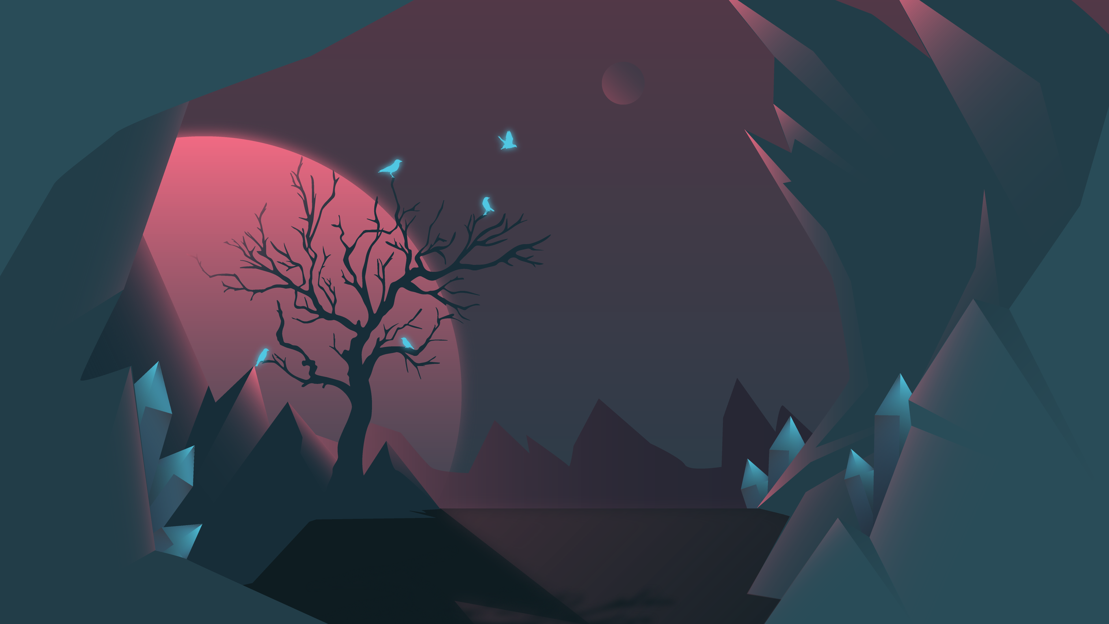 Crystal Cave with Tree and Birds HD Wallpaper