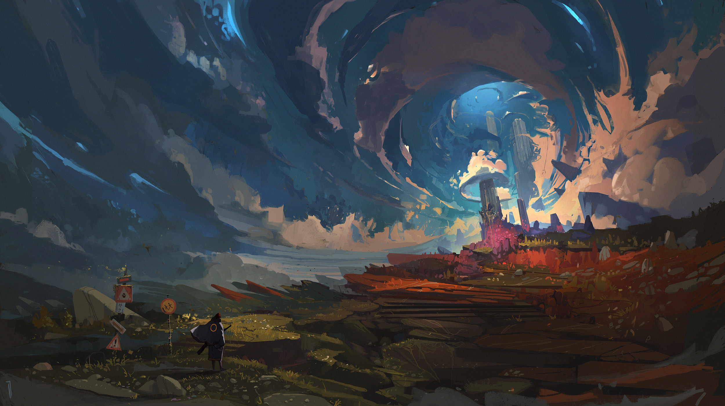 Fantasy landscape with strange structures and a lone traveler HD Wallpaper