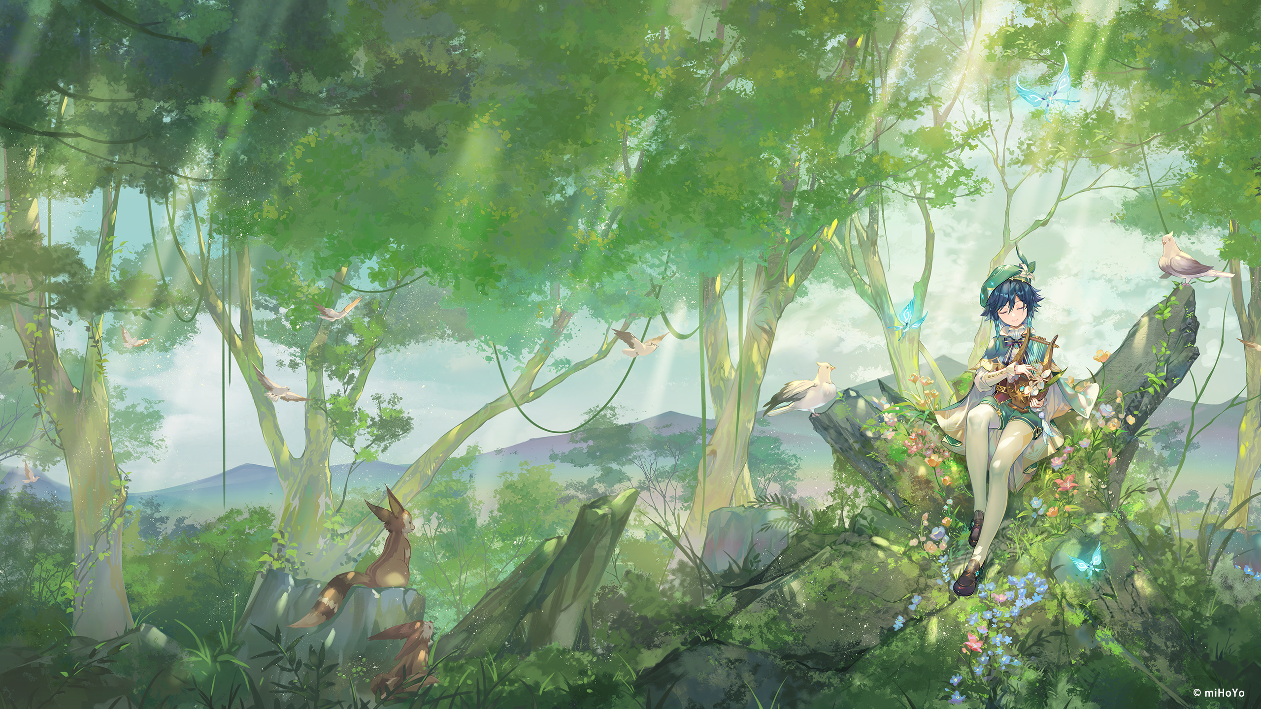 Venti from Genshin Impact playing a lyre in a forest HD Wallpaper