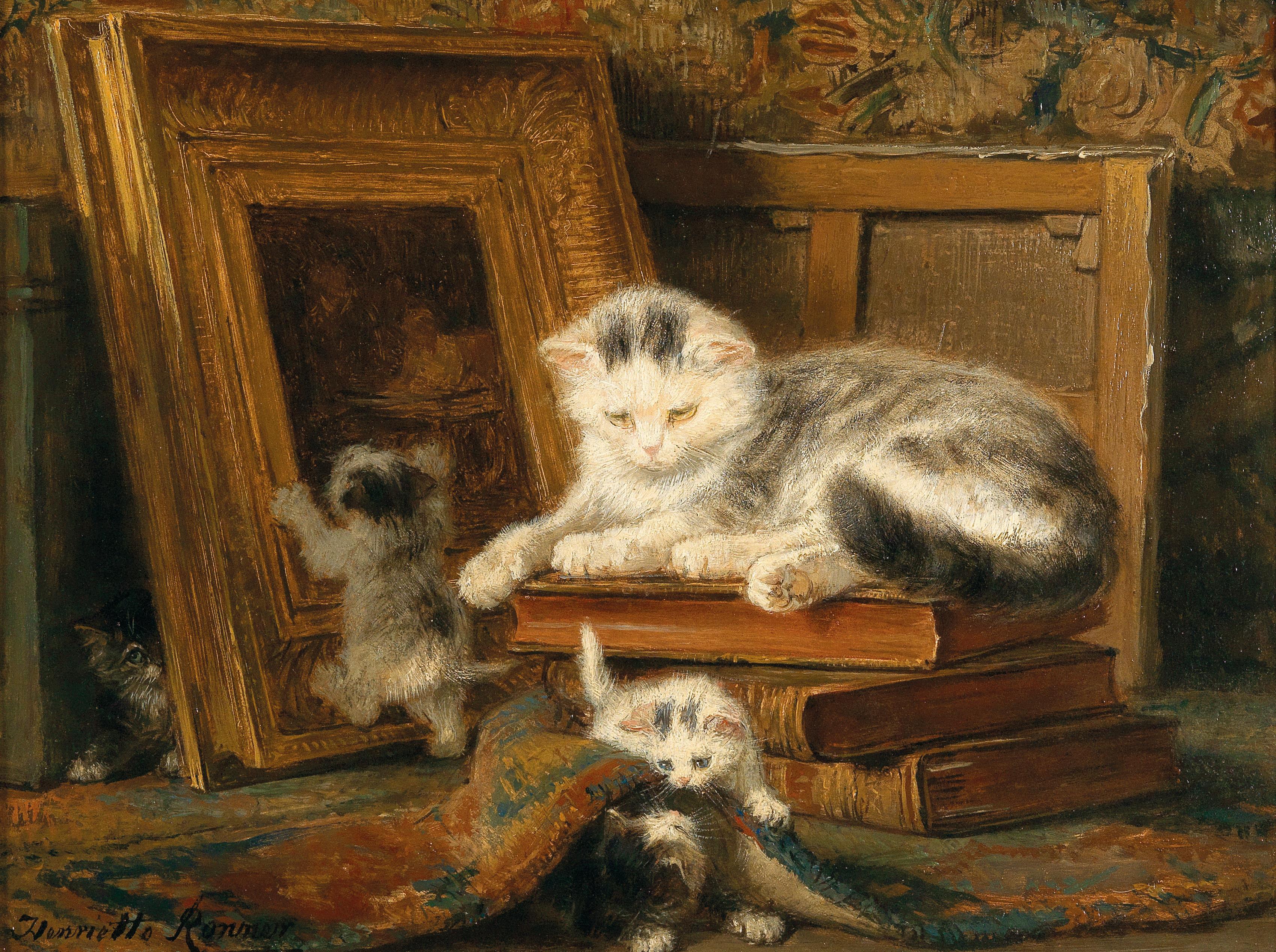 Kittens and a puppy playing with a framed painting HD Wallpaper
