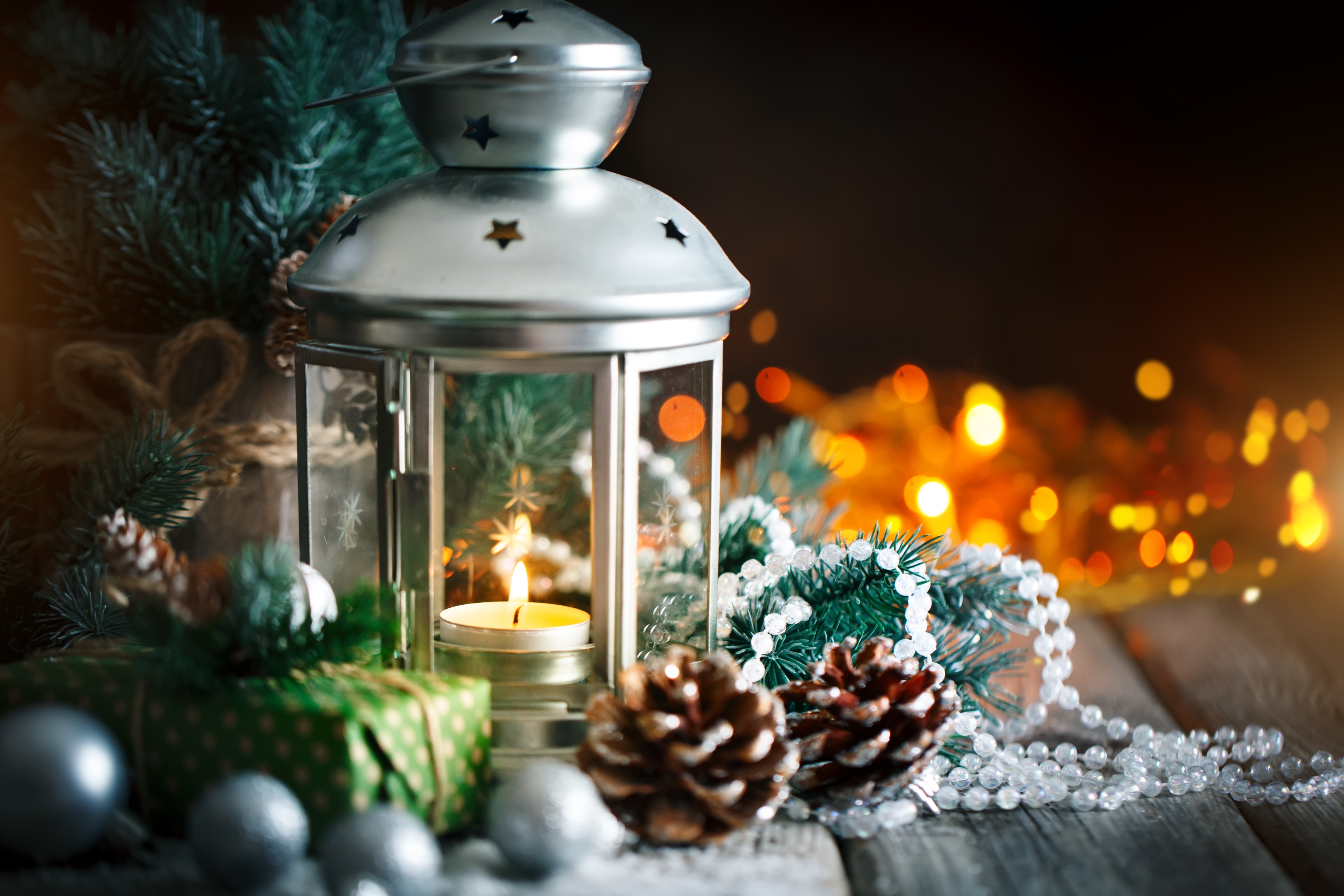 Christmas lantern with candle and pine cones HD Wallpaper