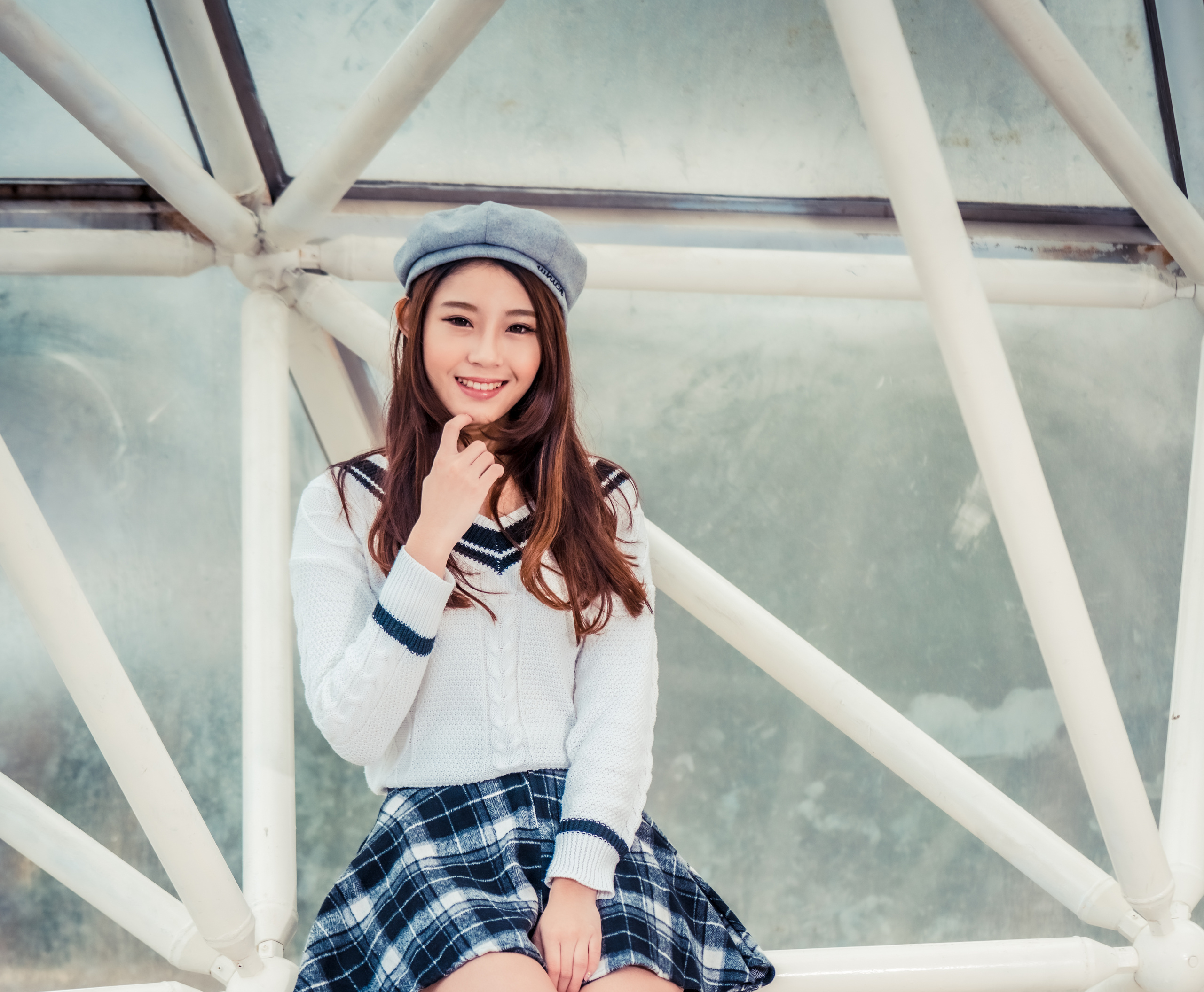 Asian woman wearing a beret and plaid skirt HD Wallpaper