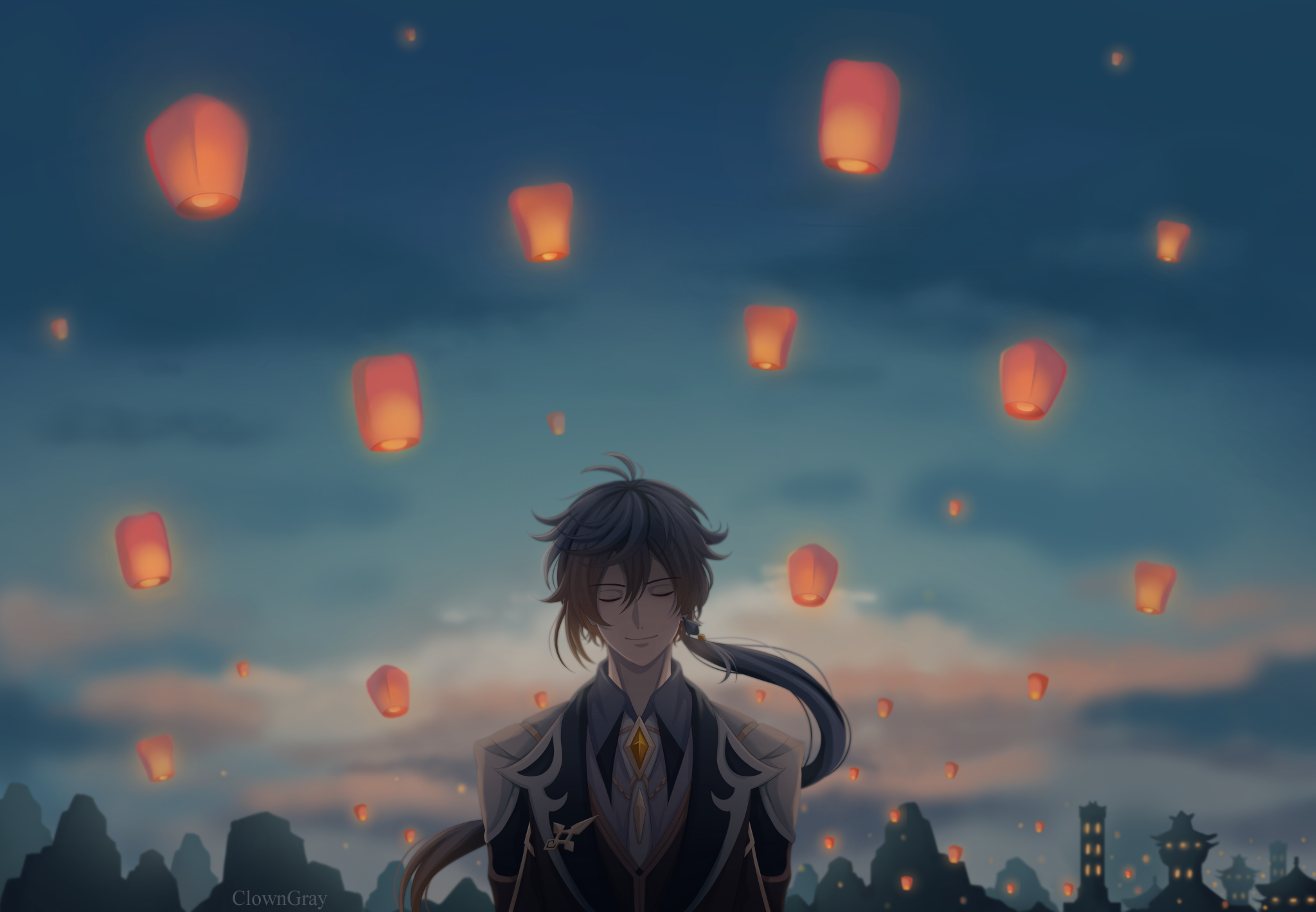Zhongli from Genshin Impact with lanterns HD Wallpaper
