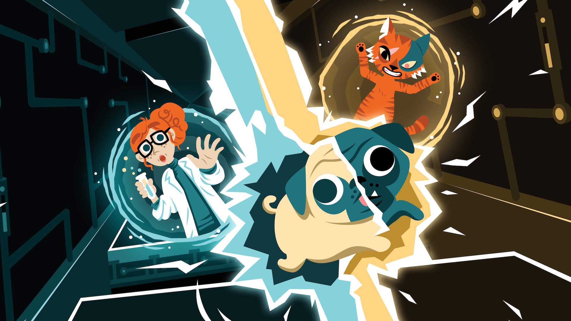Scientist and animals in a portal experiment HD Wallpaper