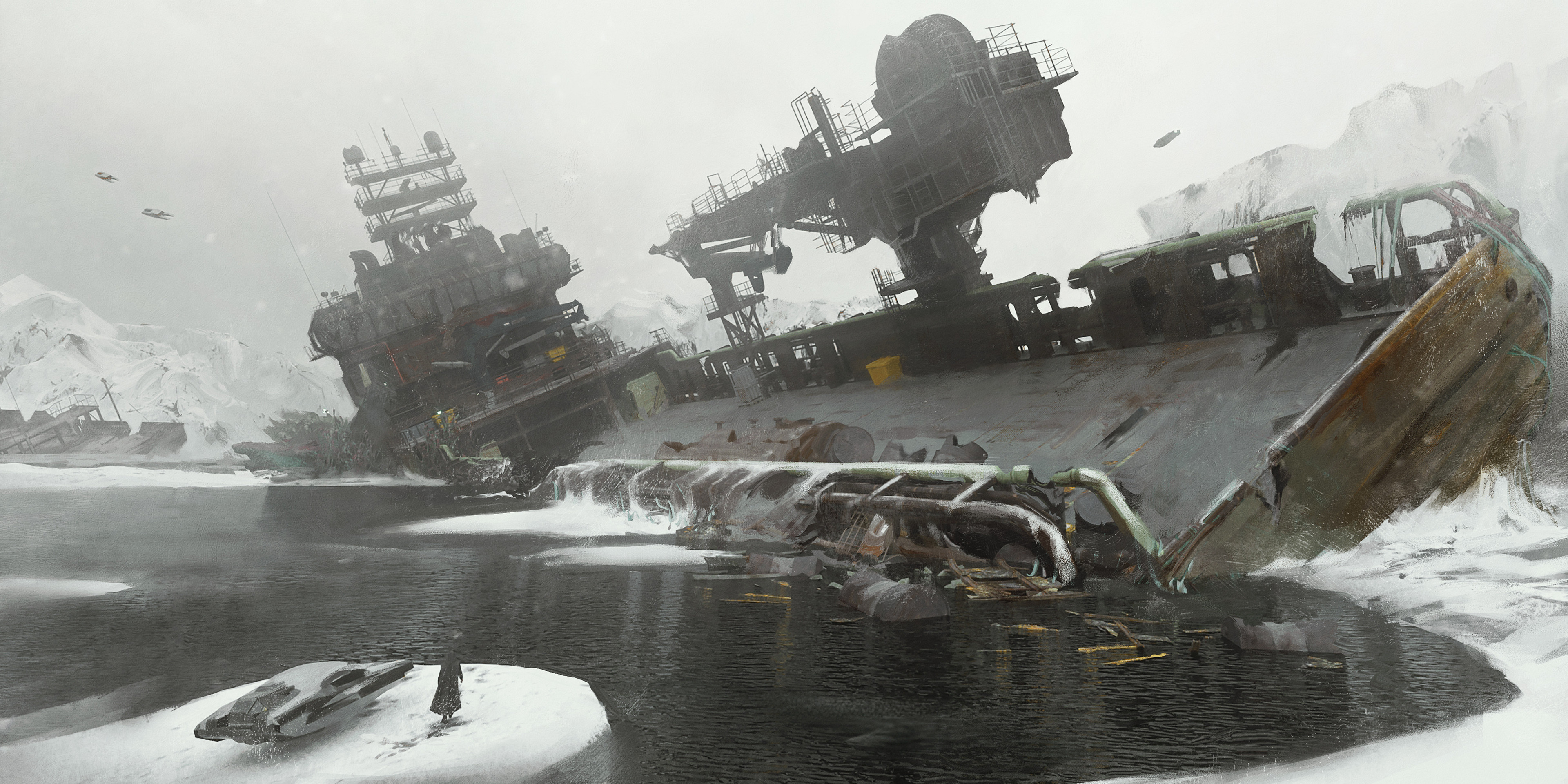 Wrecked ship in a frozen, icy landscape HD Wallpaper