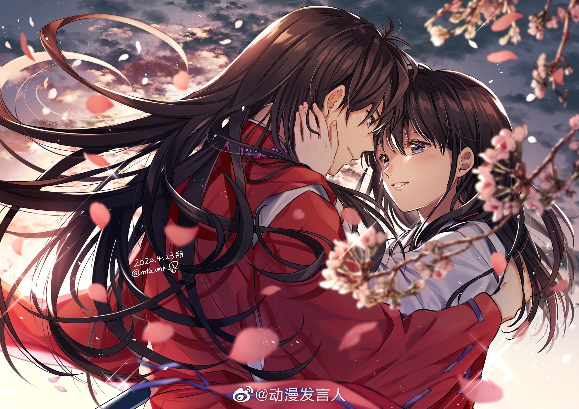 Inuyasha and Kagome embracing under cherry blossoms HD Wallpaper
