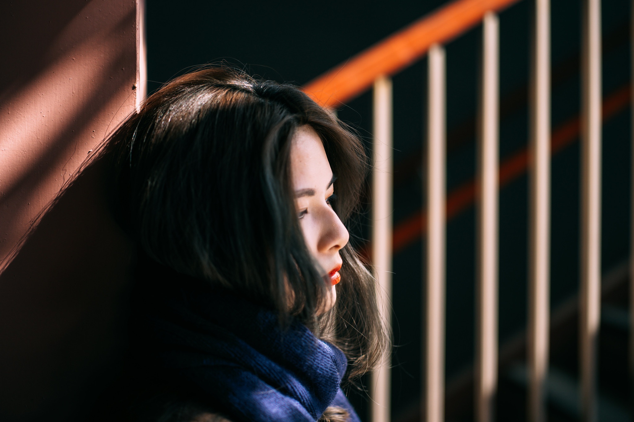 Asian woman with red lipstick and blue scarf HD Wallpaper