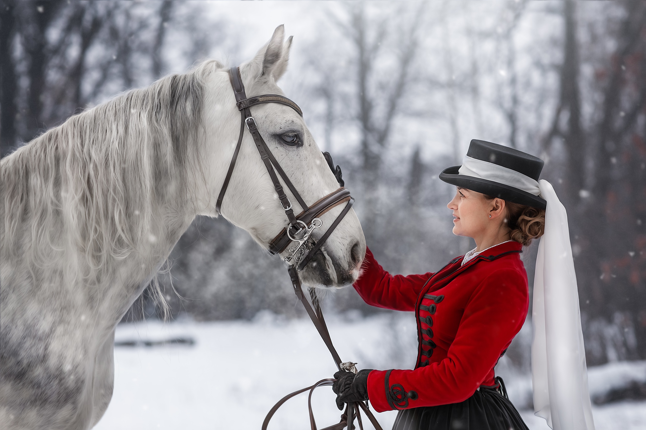 Woman in red jacket with white horse in winter HD Wallpaper