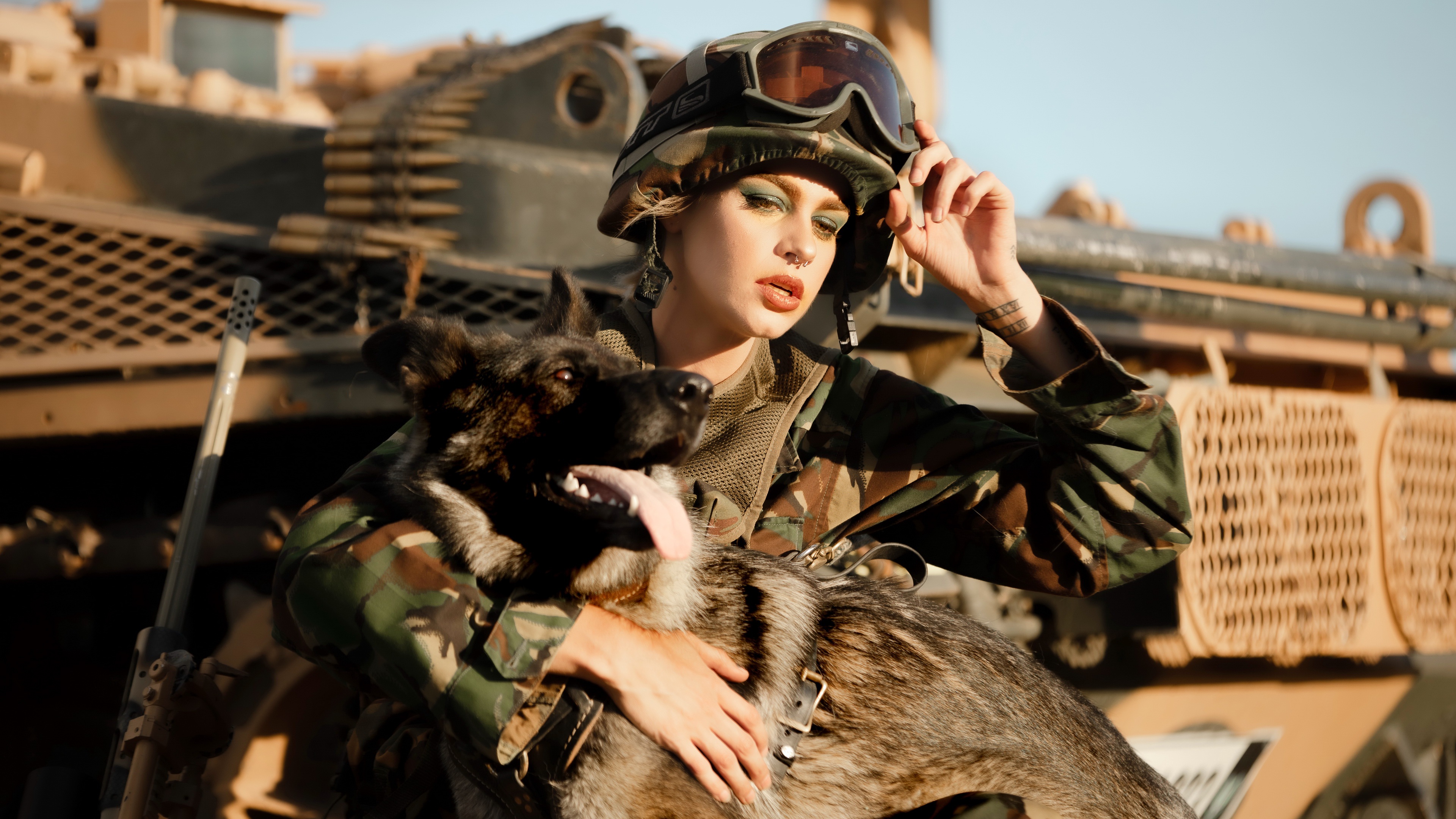 Soldier with dog and tank 4K HD Wallpaper
