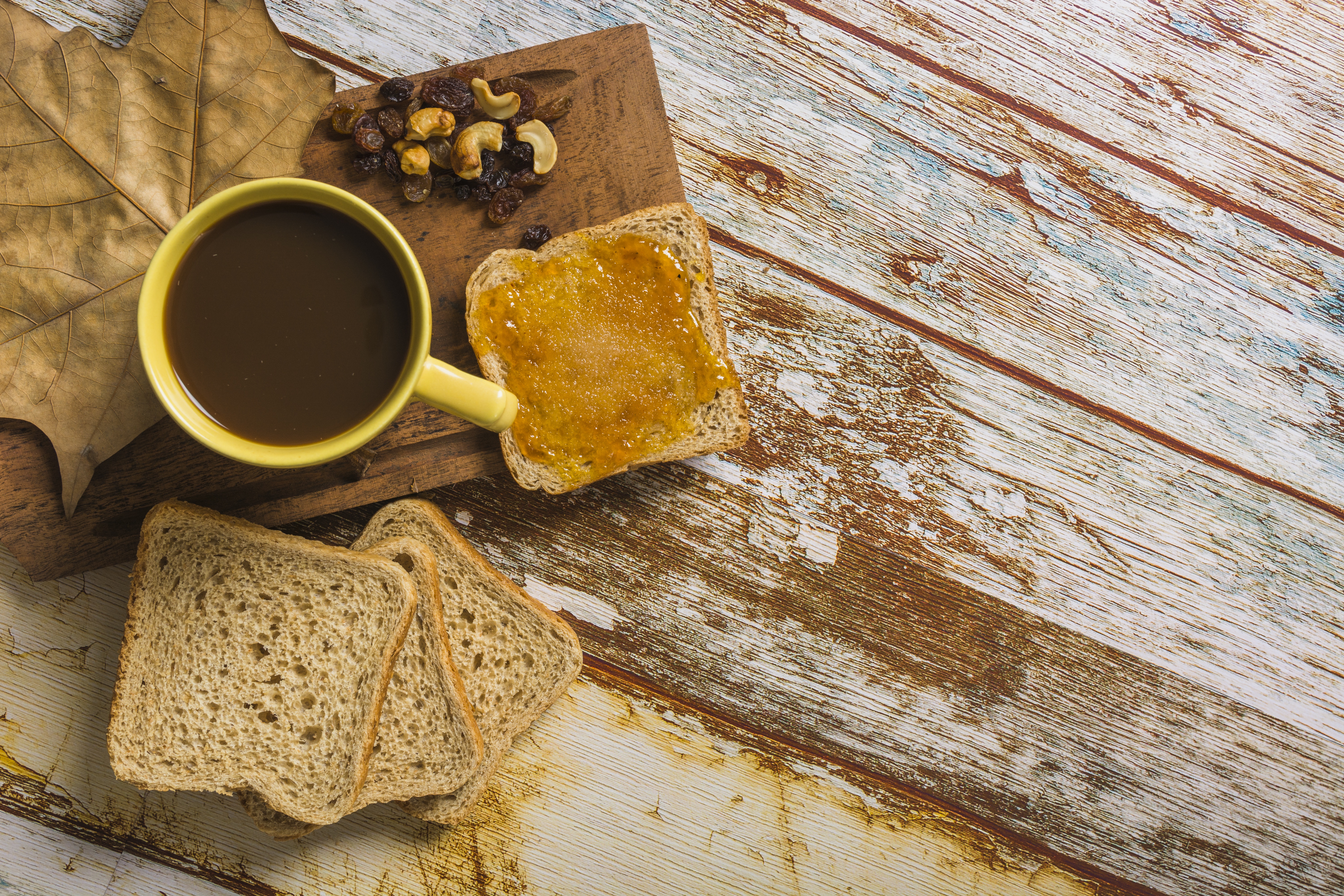 Toast with jam, coffee, and nuts HD Wallpaper
