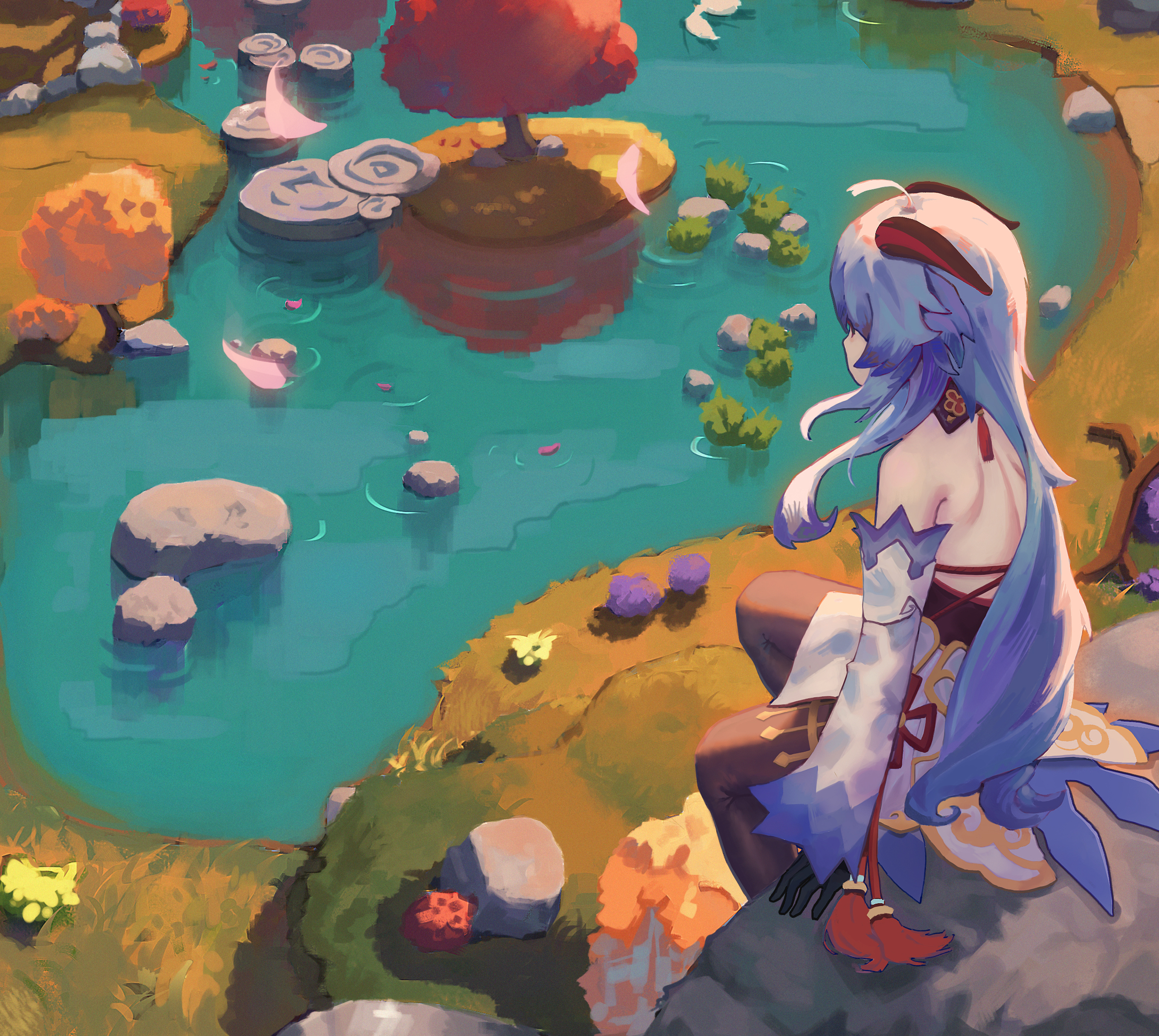 Ganyu from Genshin Impact sitting by a pond HD Wallpaper