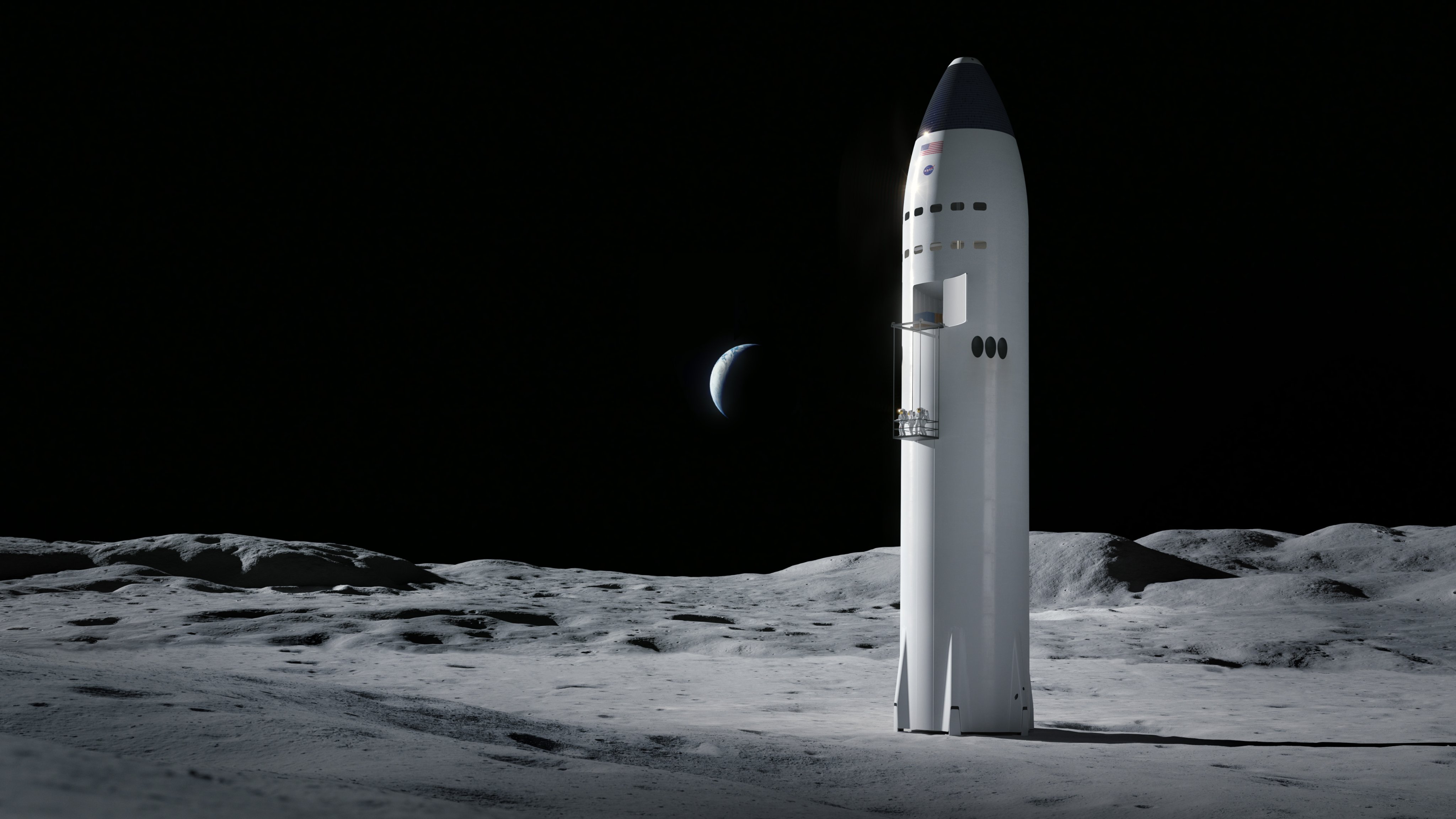 SpaceX Starship on the Moon with Earth in the background HD Wallpaper