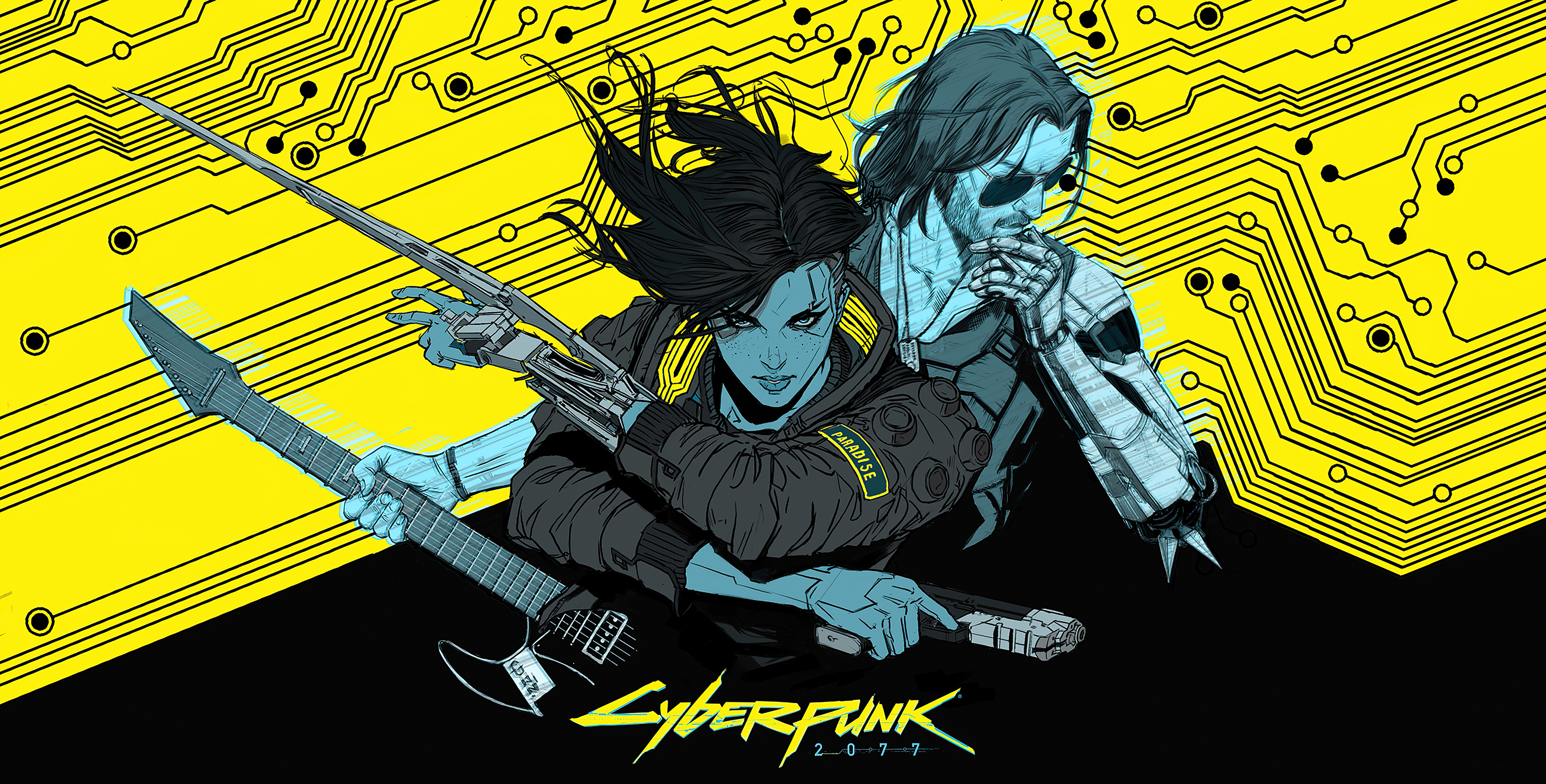 Cyberpunk 2077 characters with guitar and circuit board background HD Wallpaper