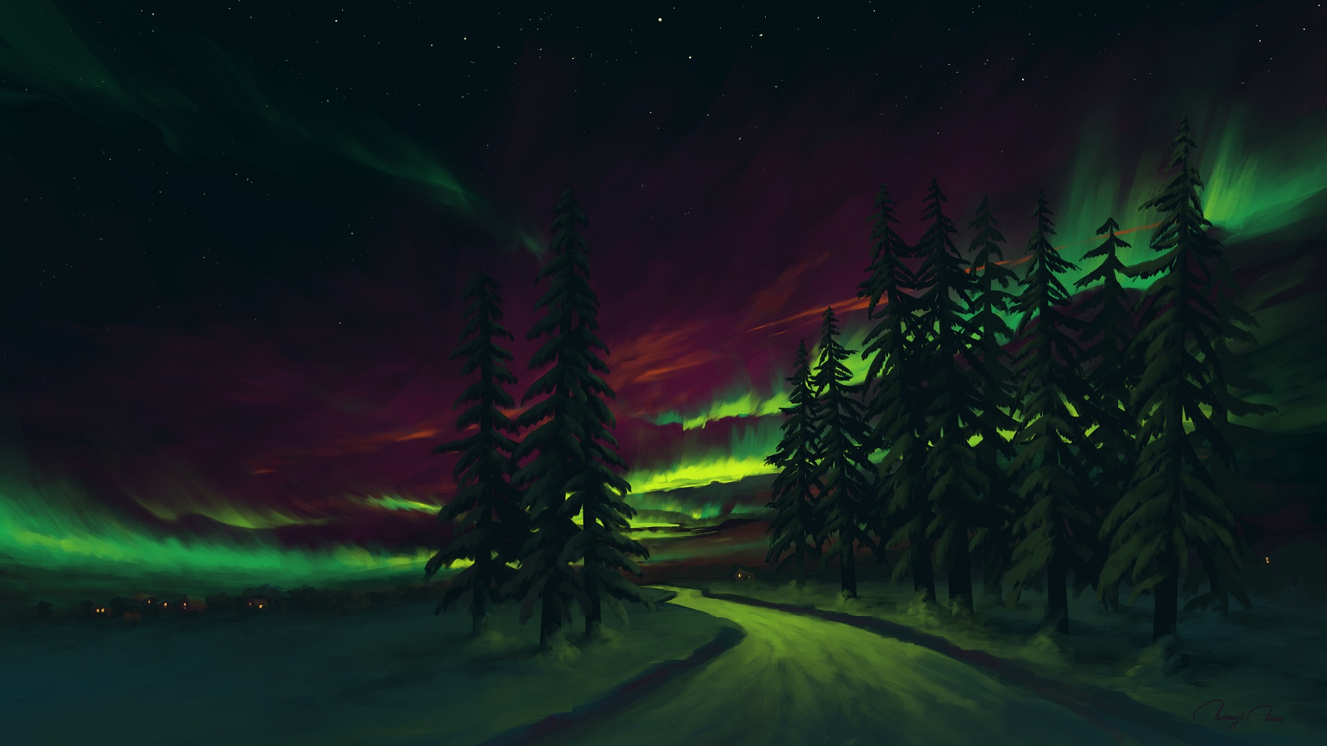 Aurora Borealis over a Winter Landscape with Trees HD Wallpaper
