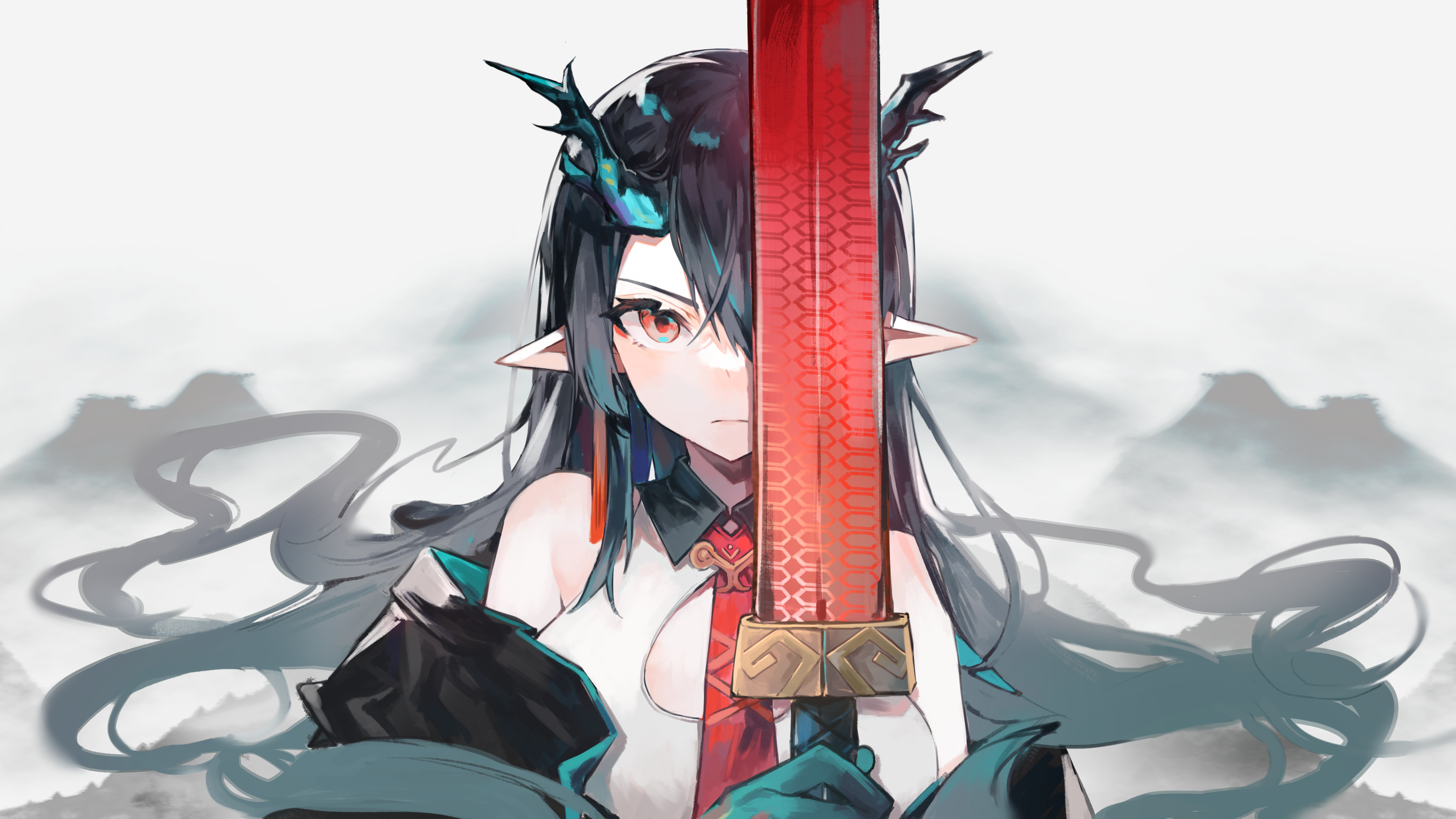 Dusk from Arknights holding a red sword HD Wallpaper