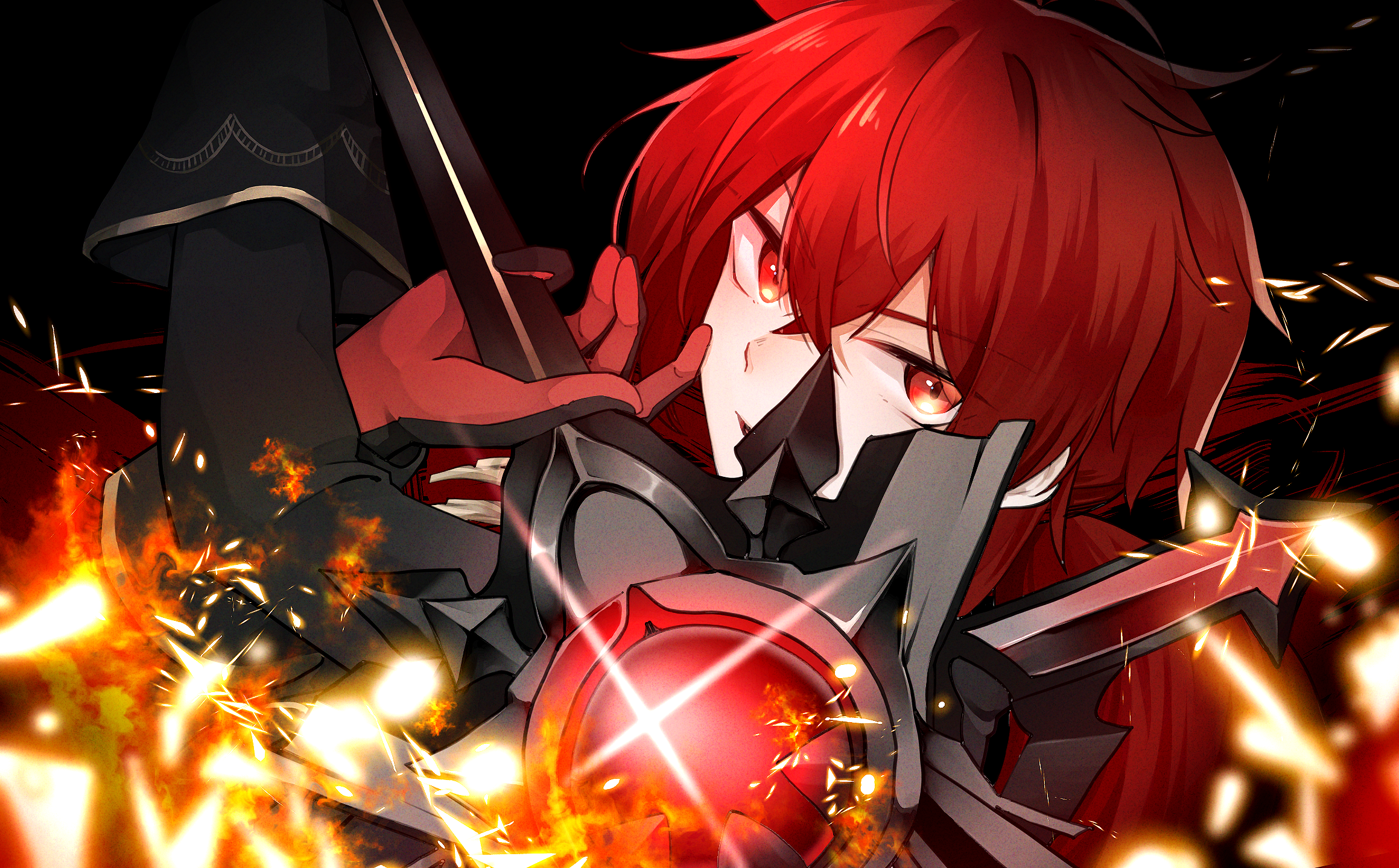 Diluc from Genshin Impact with fire HD Wallpaper