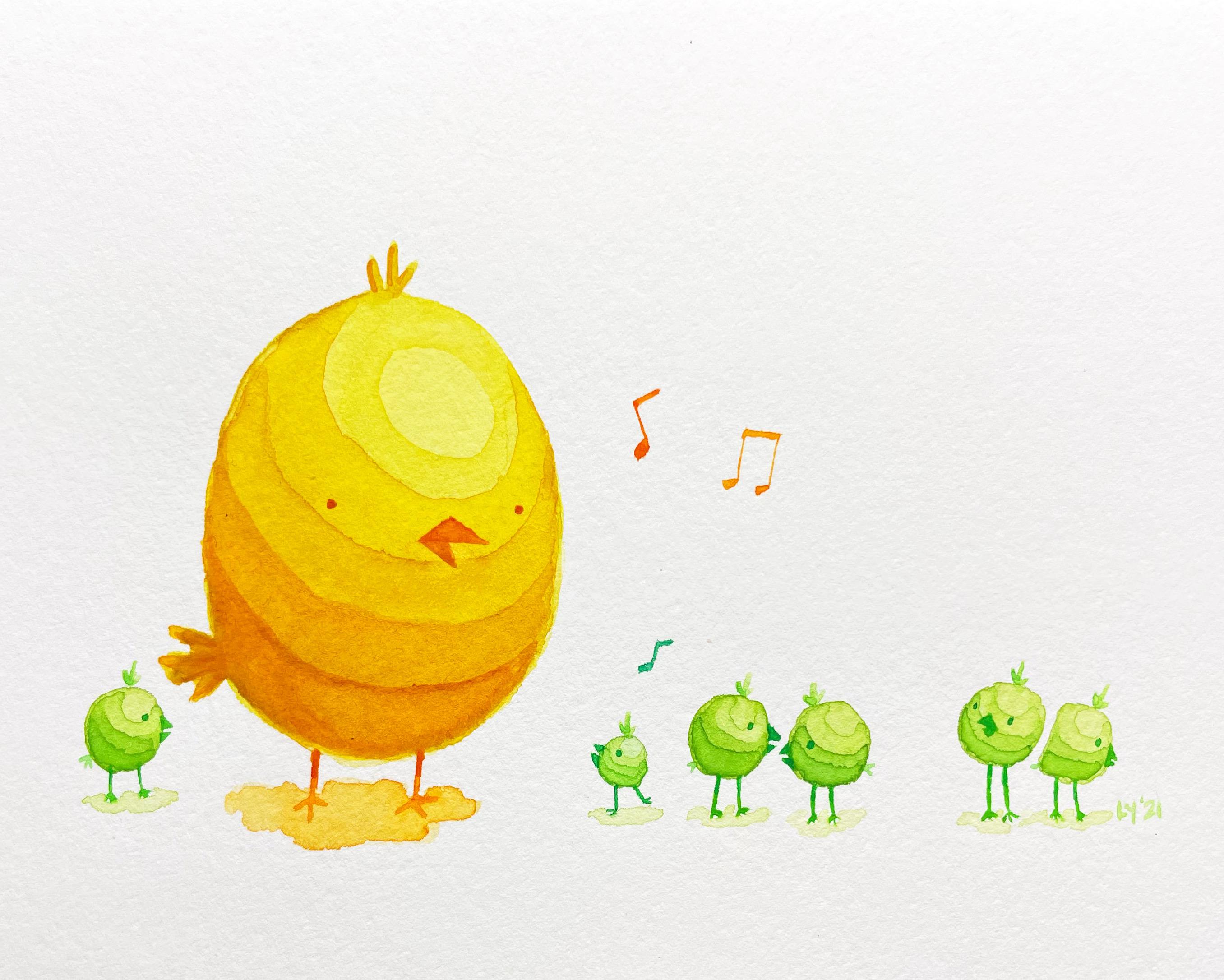 Yellow chick and green chicks singing HD Wallpaper