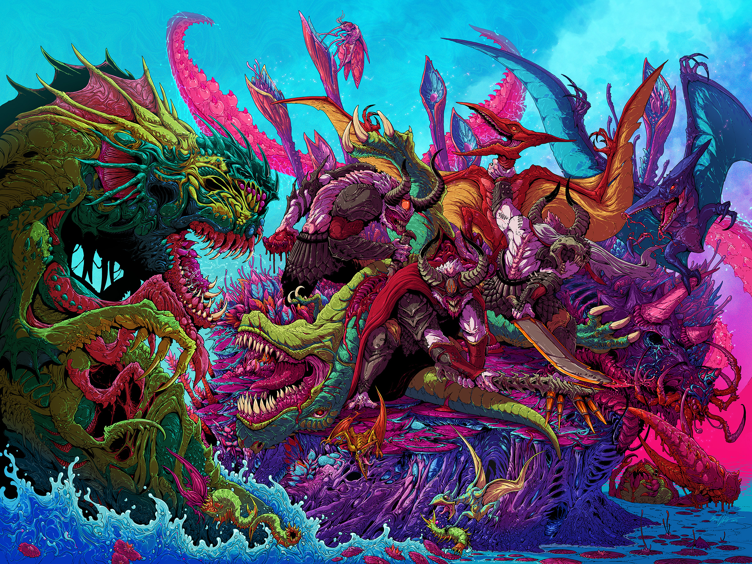 Monsters fighting in a chaotic battle HD Wallpaper