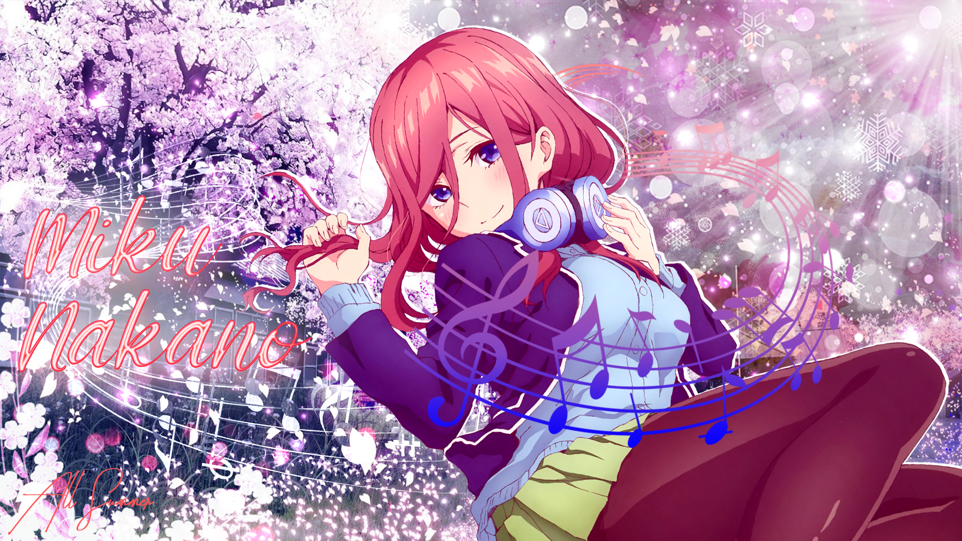 Miku Nakano with Headphones and Cherry Blossoms HD Wallpaper