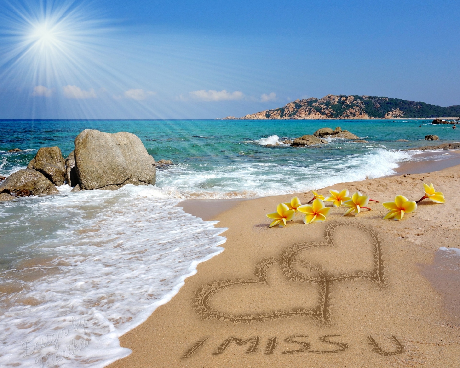 Beach with Hearts Drawn in Sand and Flowers HD Wallpaper