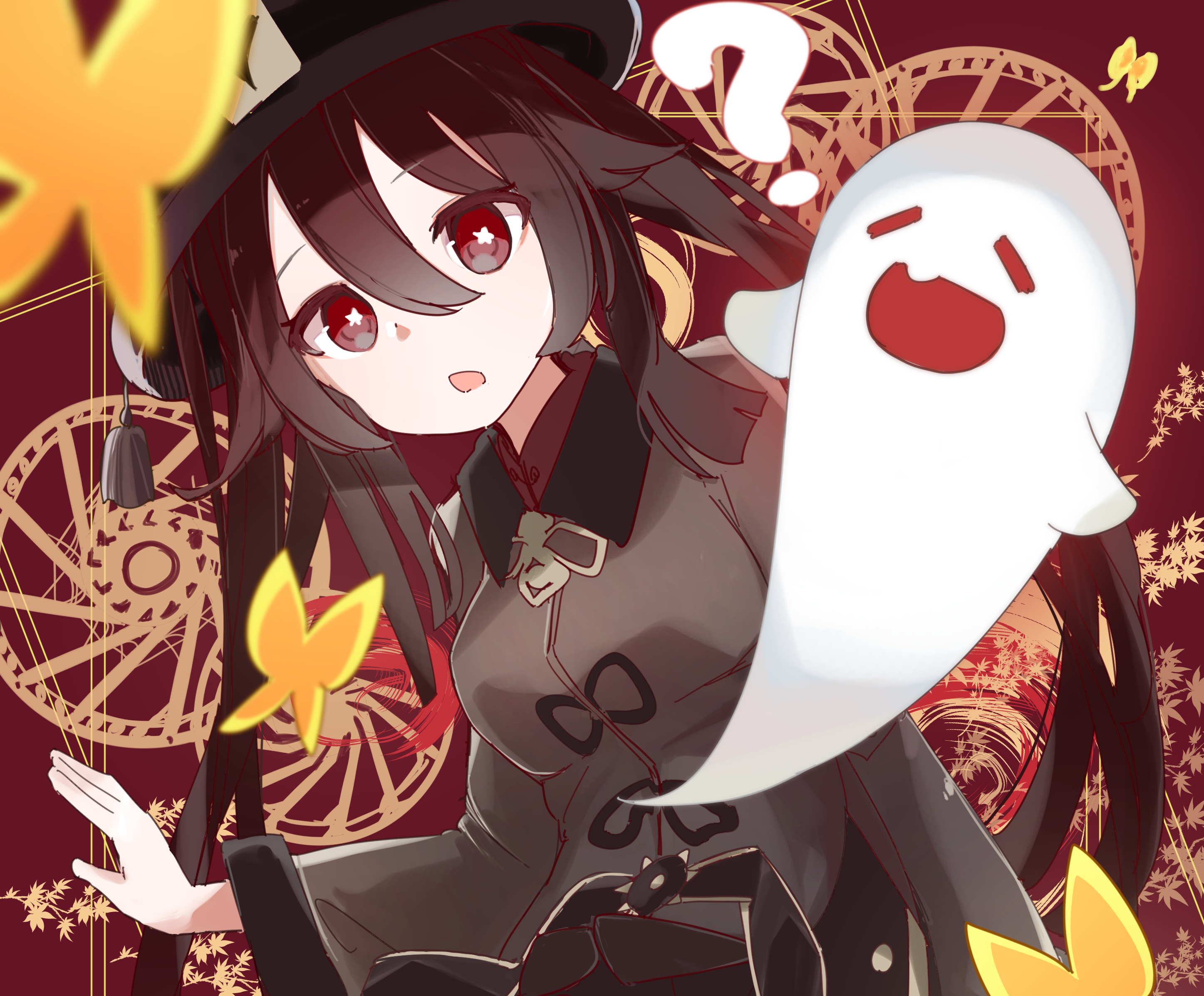 Hu Tao from Genshin Impact with a ghost HD Wallpaper