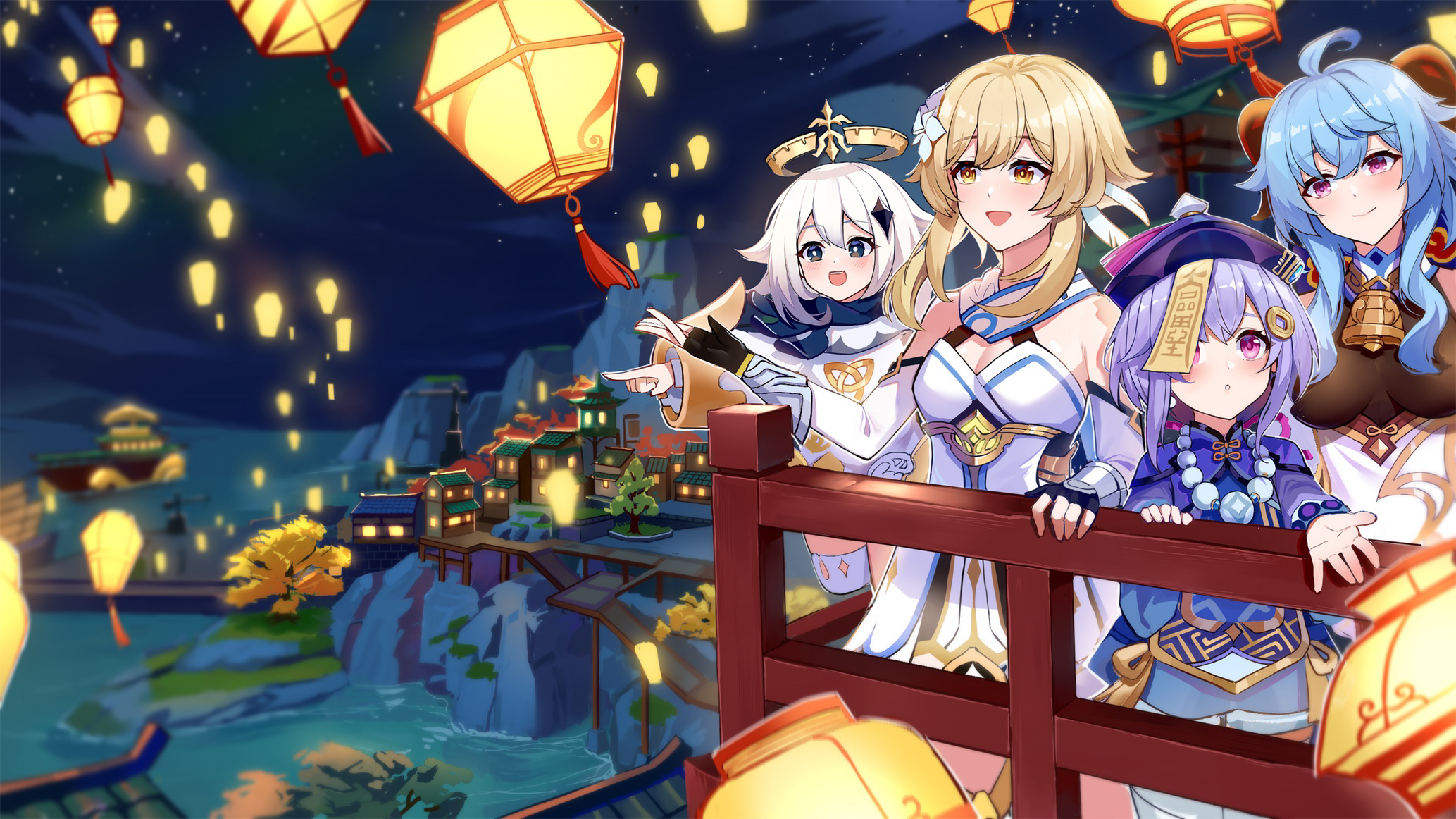 Lumine, Paimon, Qiqi, and Ganyu from Genshin Impact HD Wallpaper