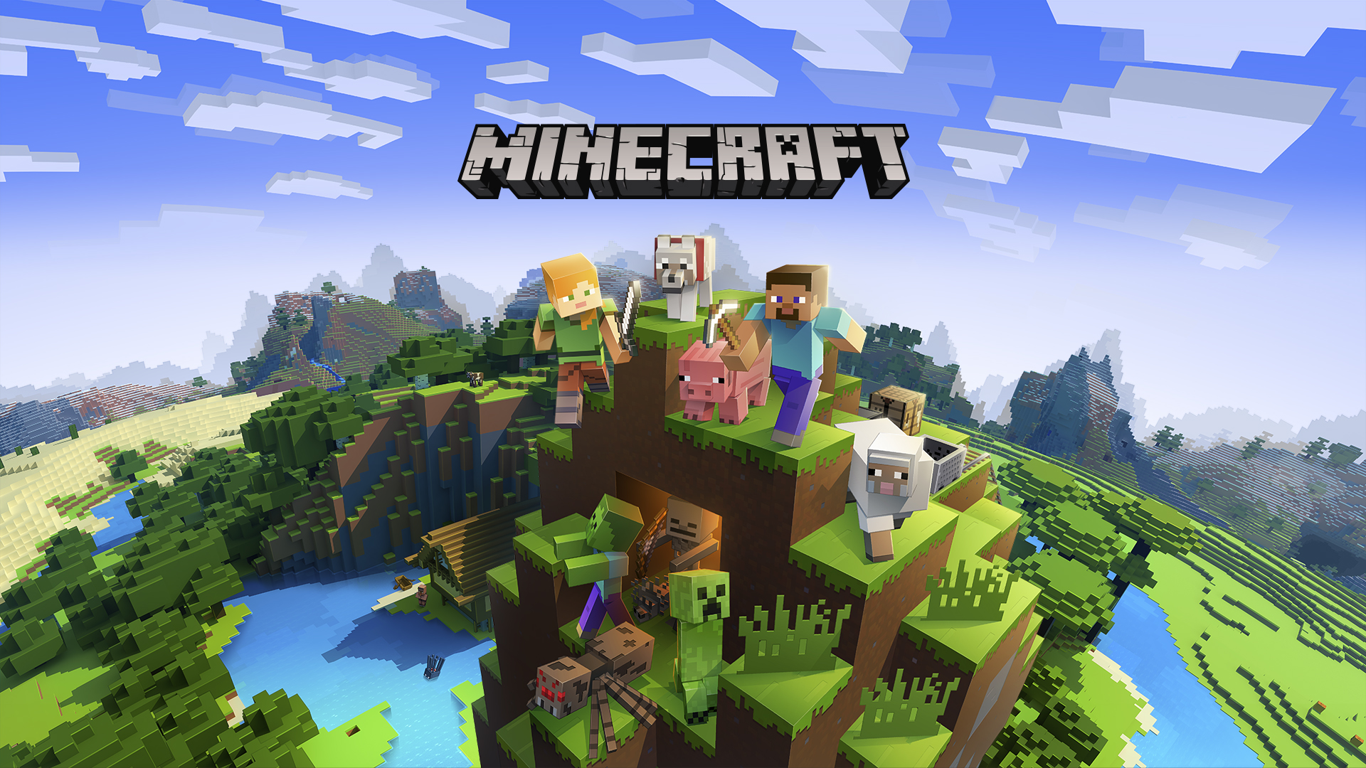 Minecraft characters and creatures in a landscape HD Wallpaper